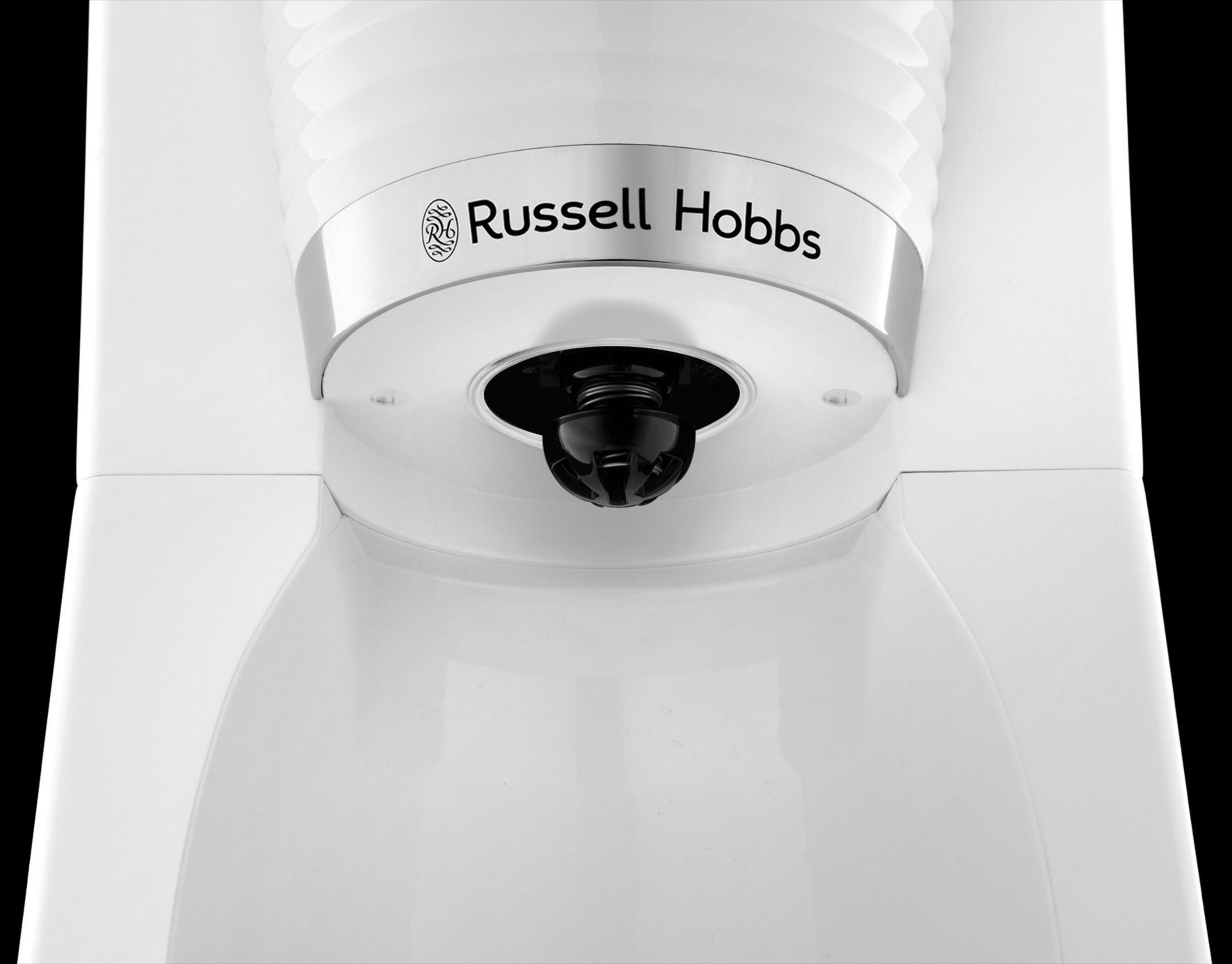 Zbliżenie białego ekspresu do kawy Russell Hobbs z nazwą marki.