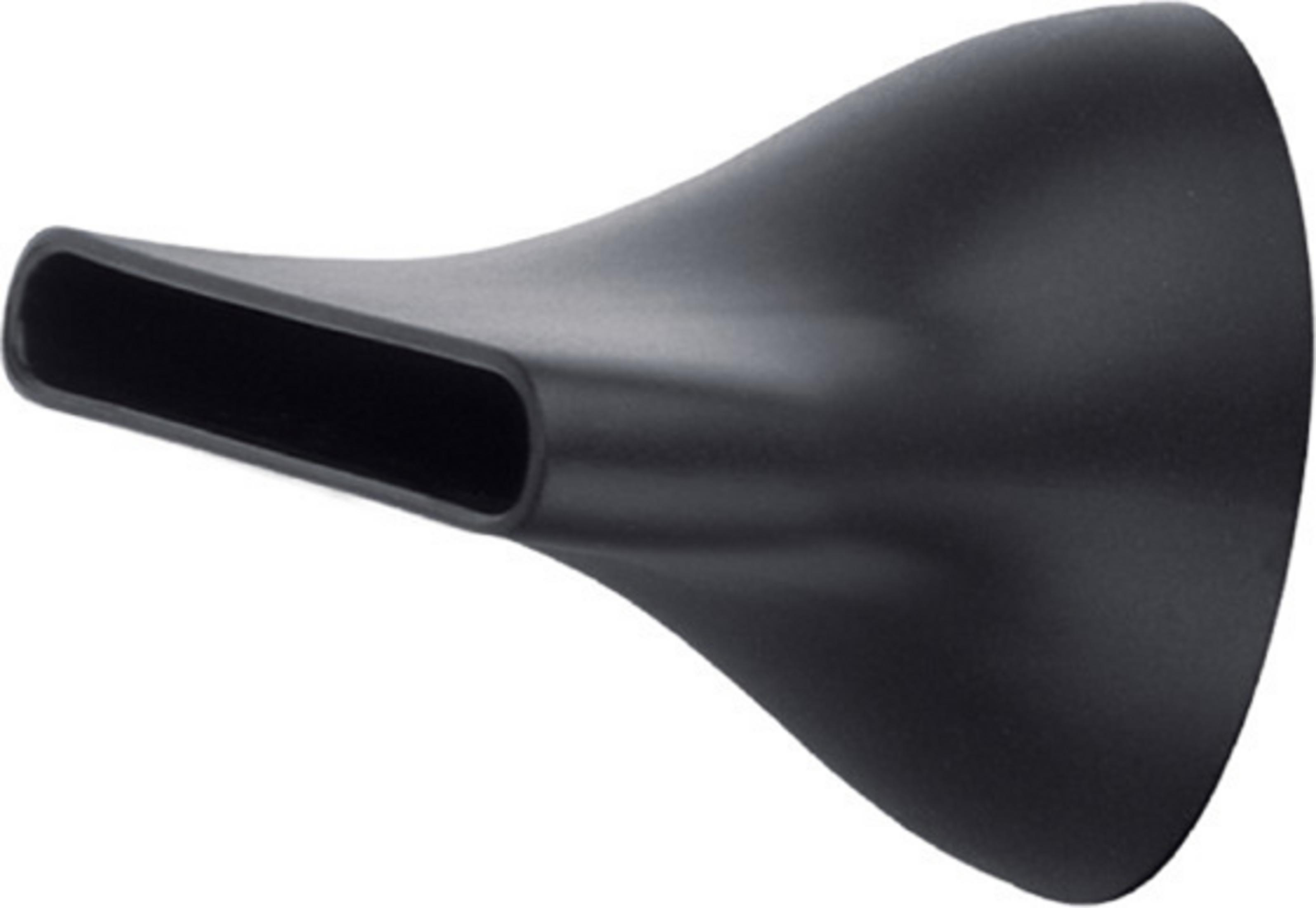 Czarna dysza suszarki do włosów o szerokim, zakrzywionym kształcie.