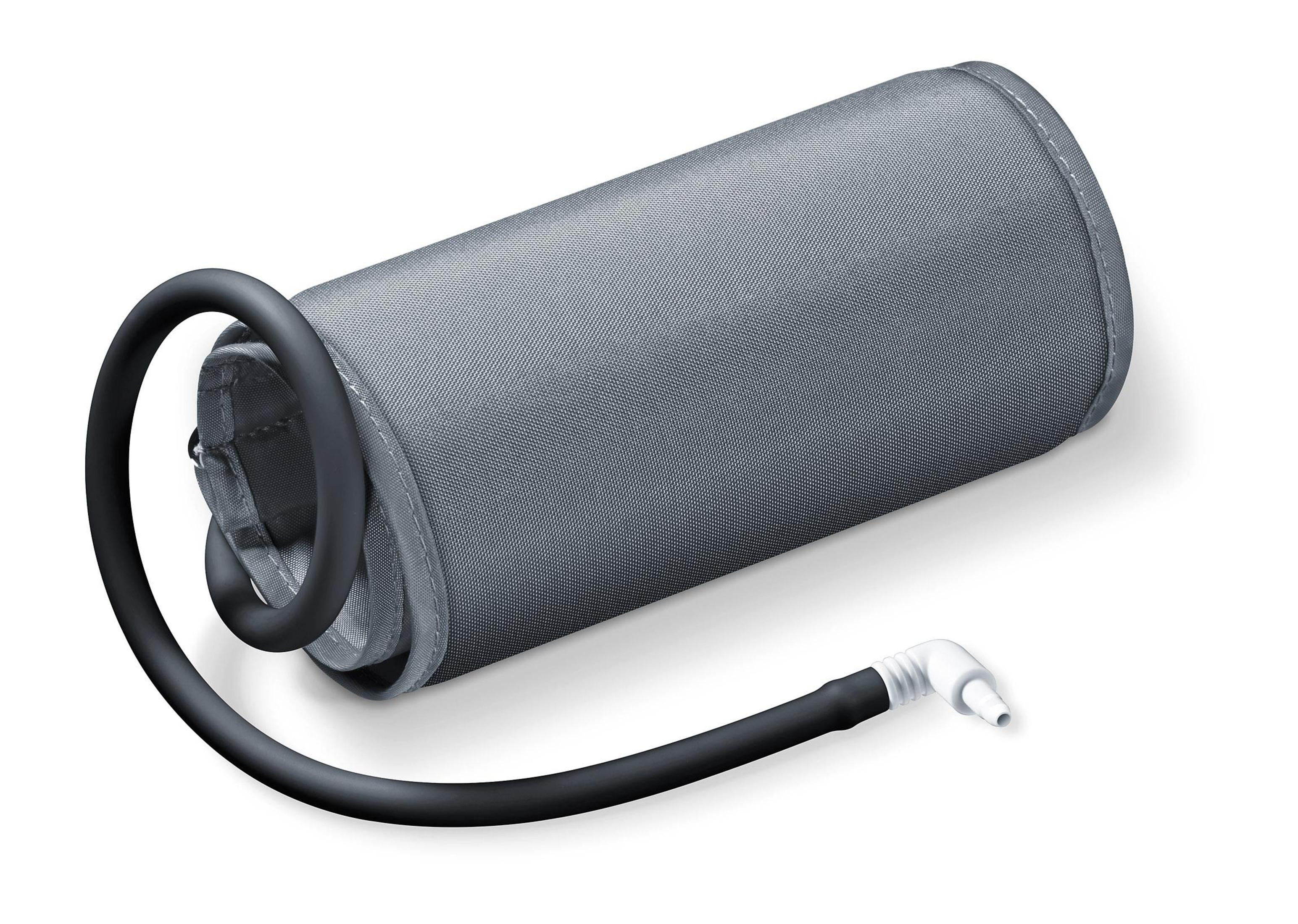 Aufgerollte graue Blutdruckmanschette mit schwarzem Schlauch und weißem Anschluss auf weißer Oberfläche.