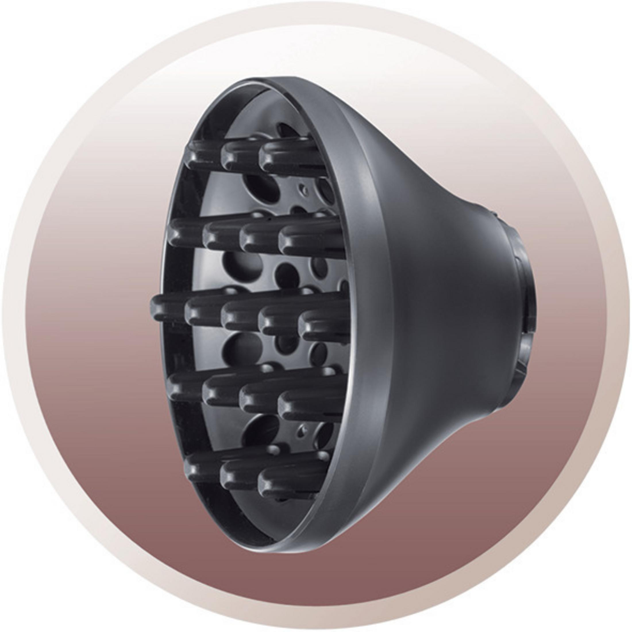 Czarny dyfuzor do suszarki do włosów z wieloma małymi dyszami. Brązowe tło z gradientem.