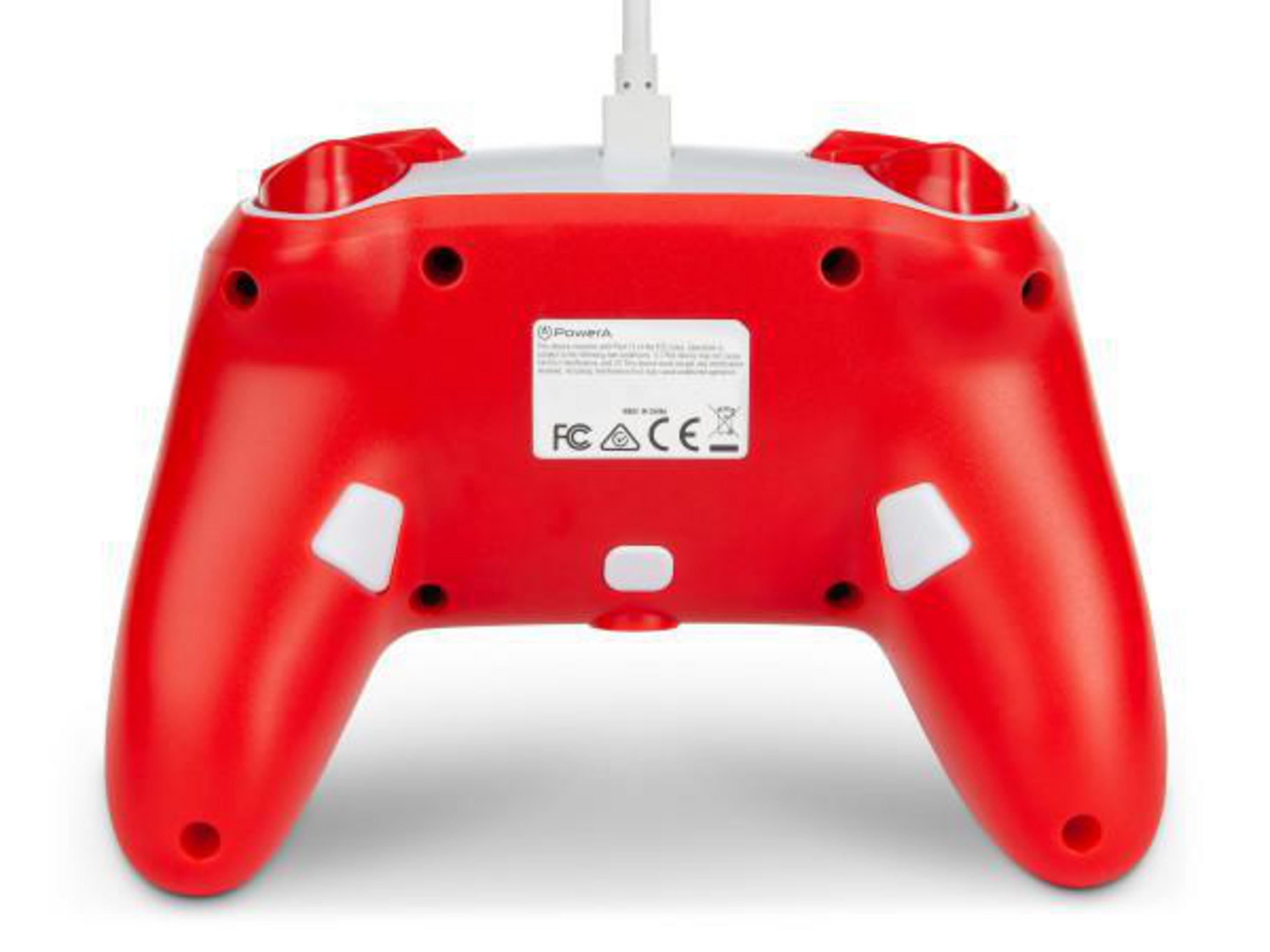 Czerwony kontroler do gier, z białymi i czarnymi detalami, widok z tyłu.