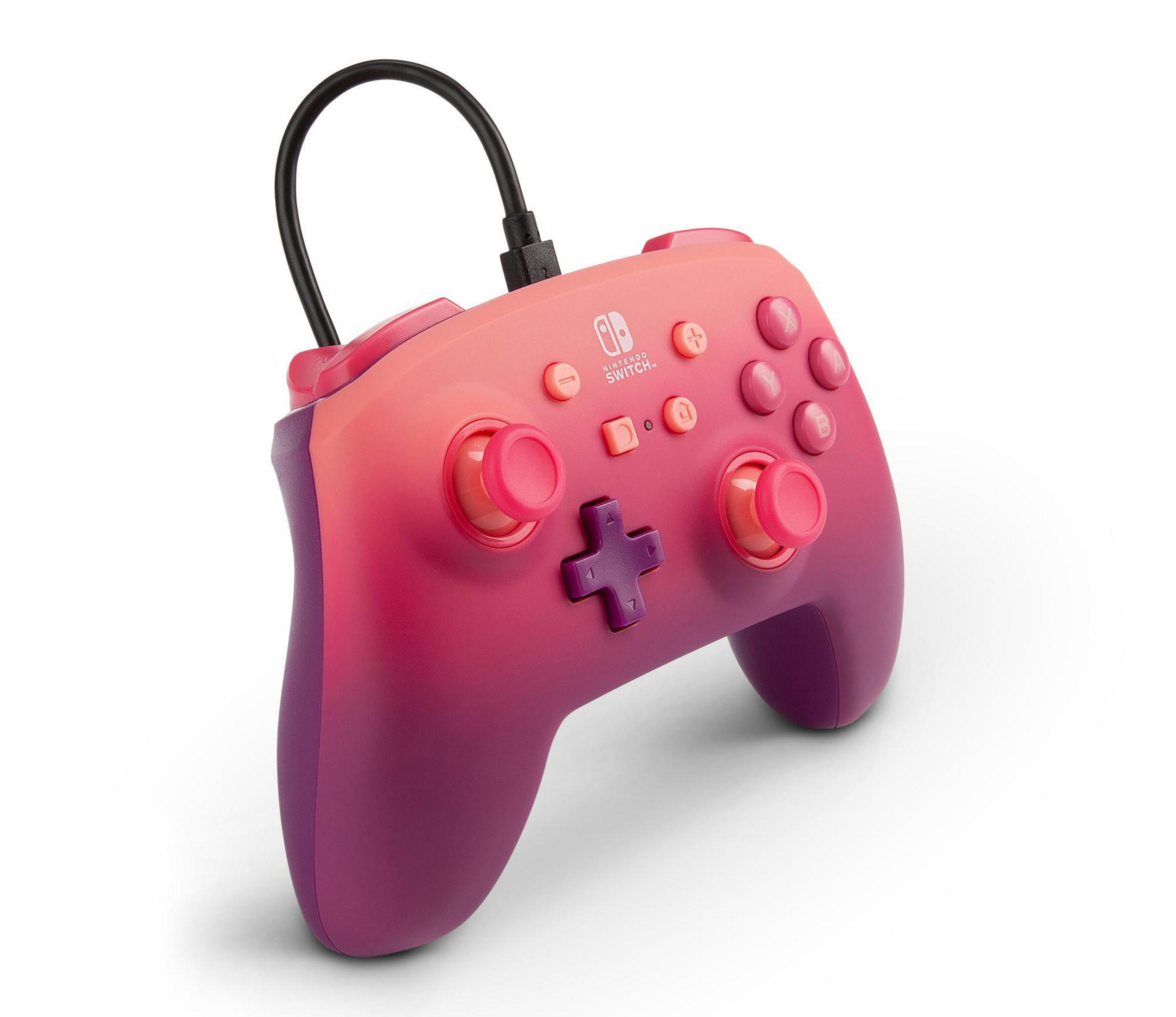 Różowy i fioletowy kontroler Nintendo Switch z czarnym kablem, na białym tle.
