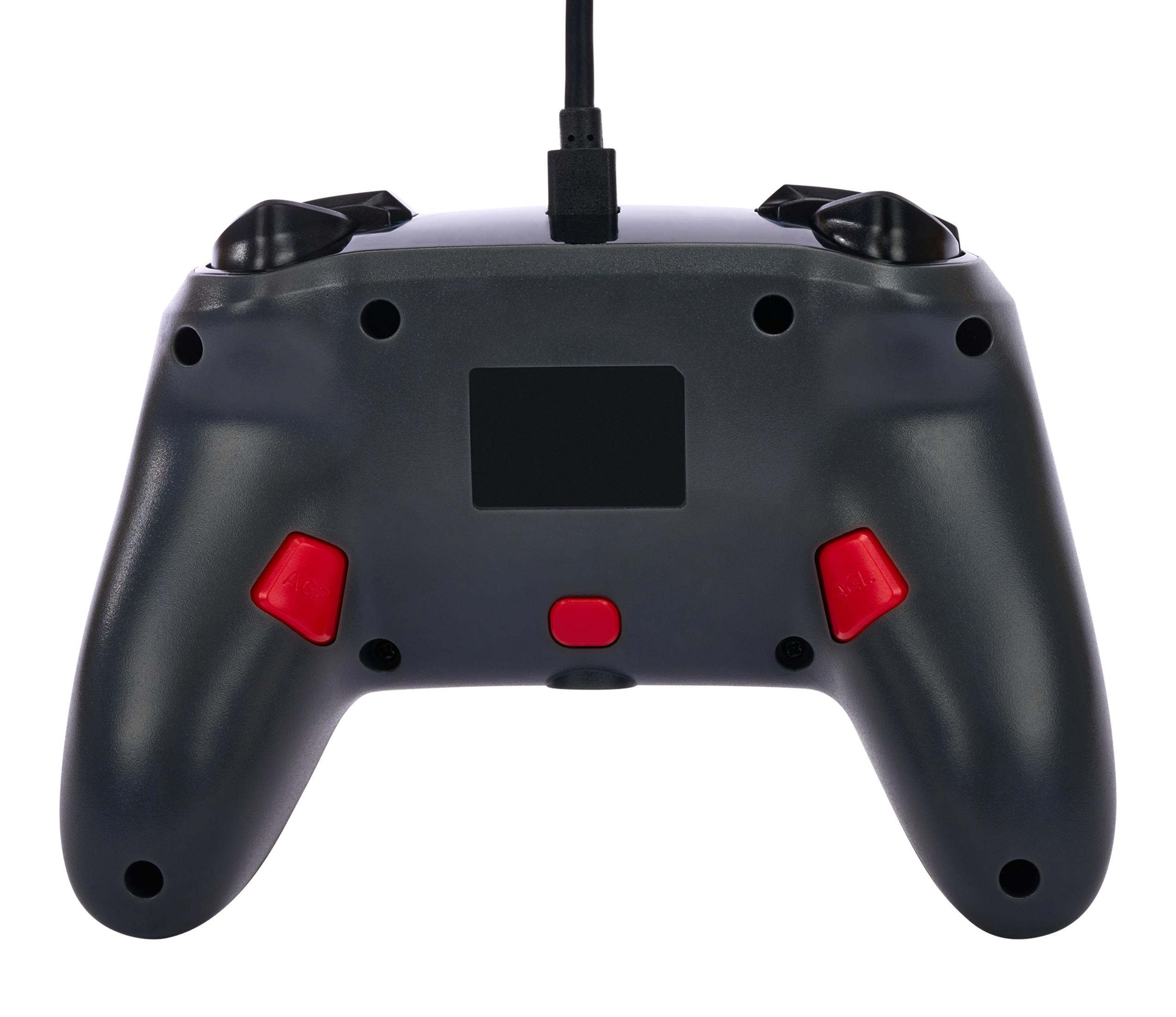Ein graues Gamepad mit roten Knöpfen und einem schwarzen Kabel.