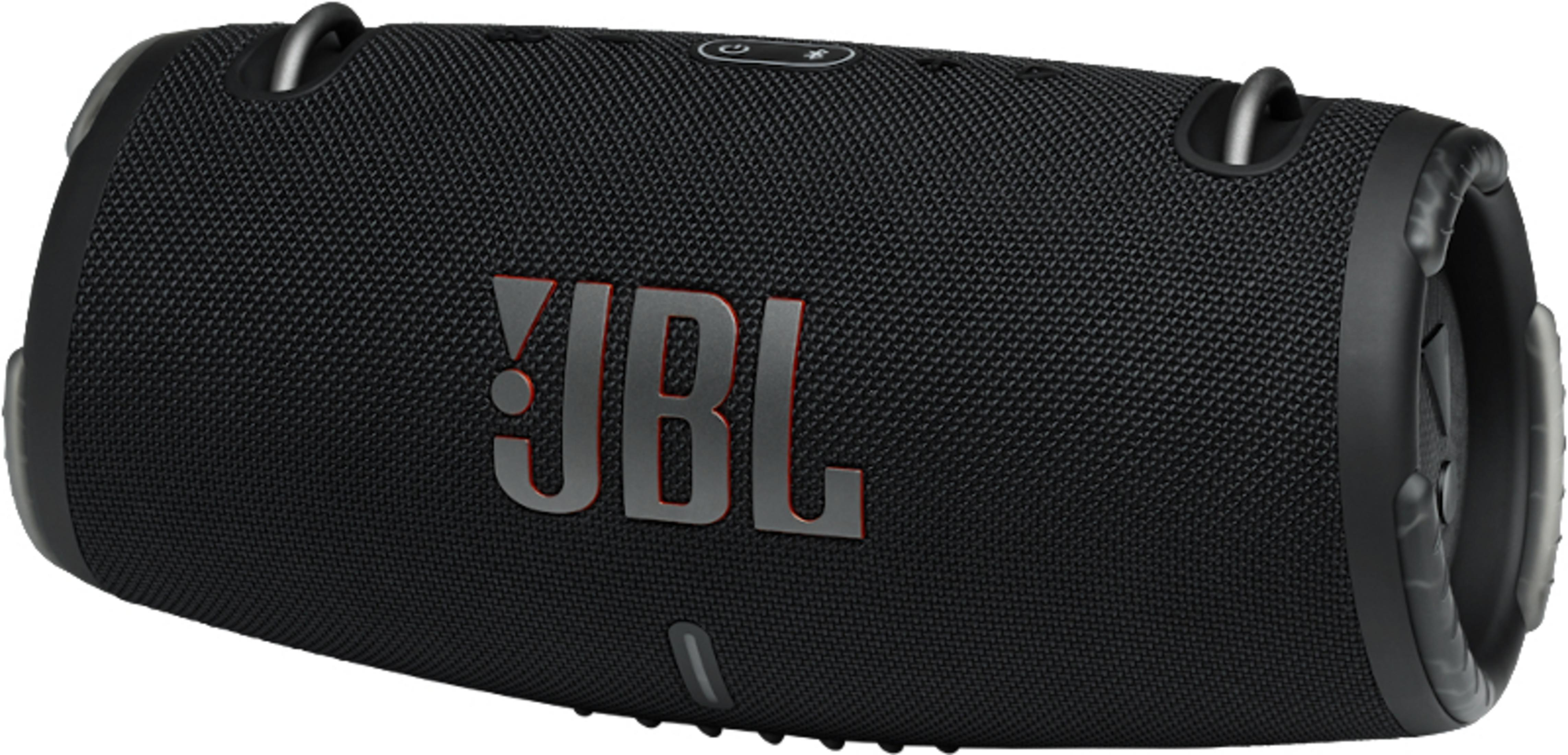 Un altavoz JBL negro con un diseño robusto y el logotipo rojo de JBL en la parte delantera.