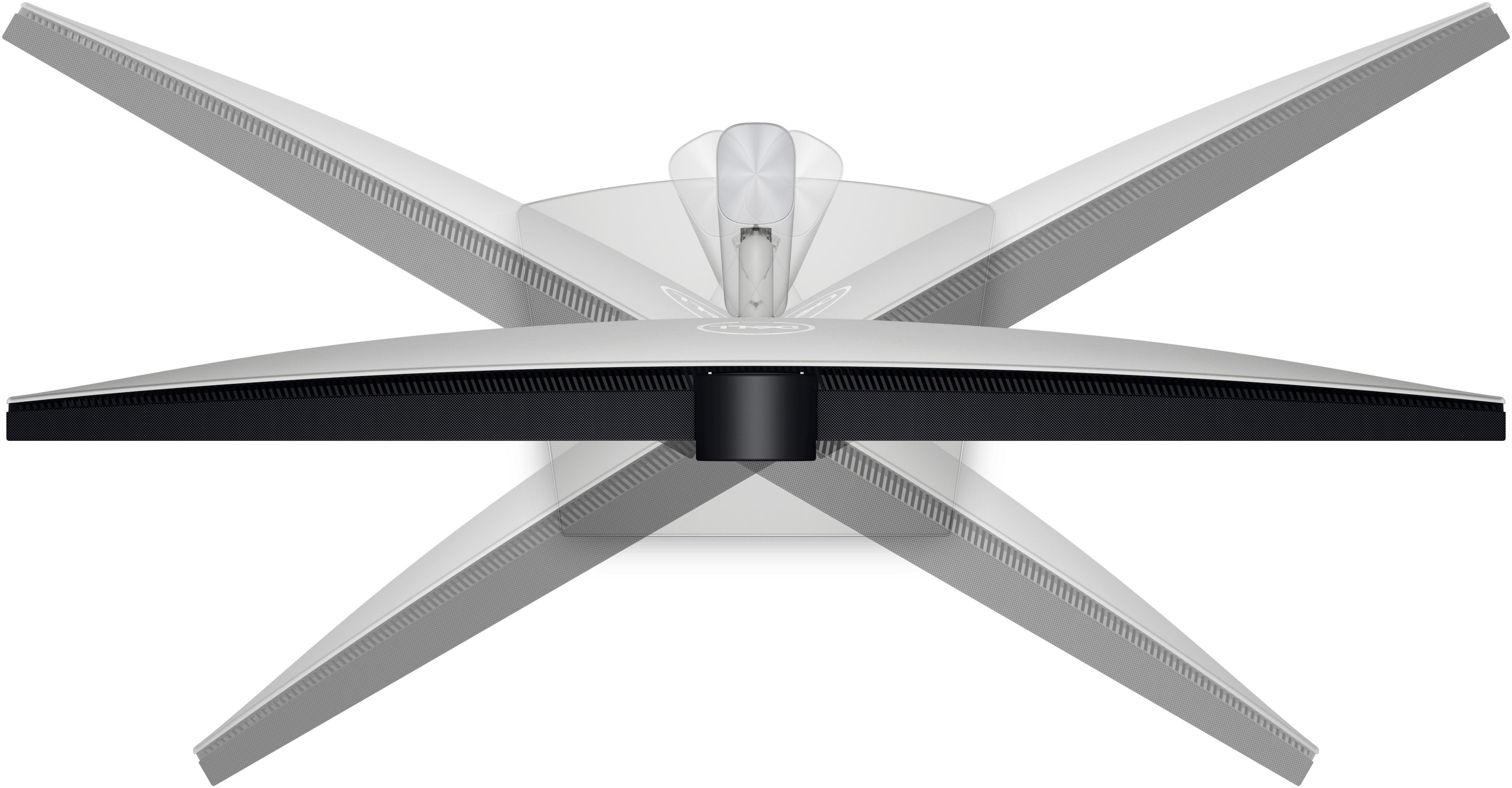 Widok z góry na zakrzywiony monitor z czarną podstawą i cienką, białą ramką, na białym tle.