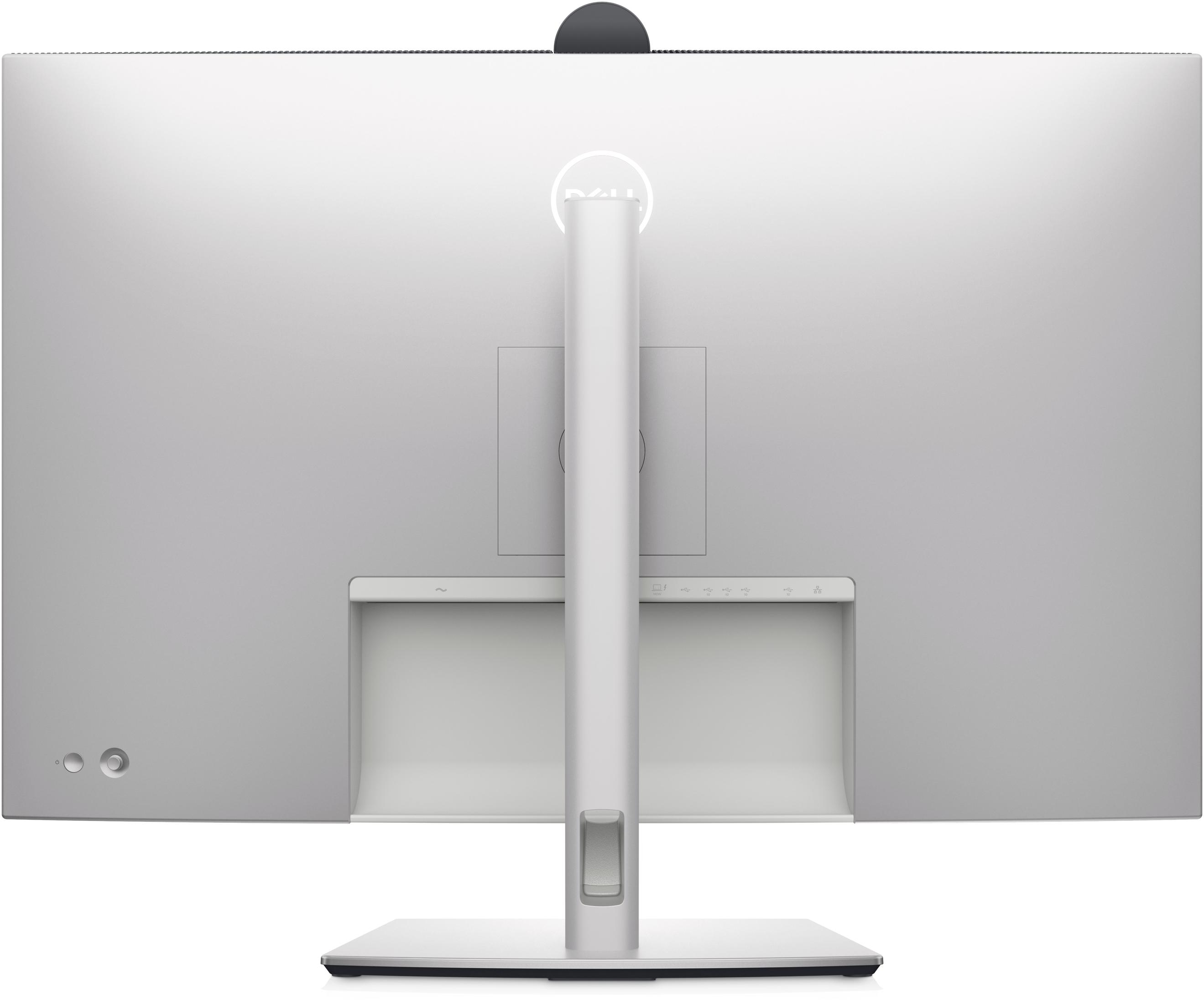 Widok z tyłu srebrnego monitora Dell. Widoczny stojak, porty i logo Dell.
