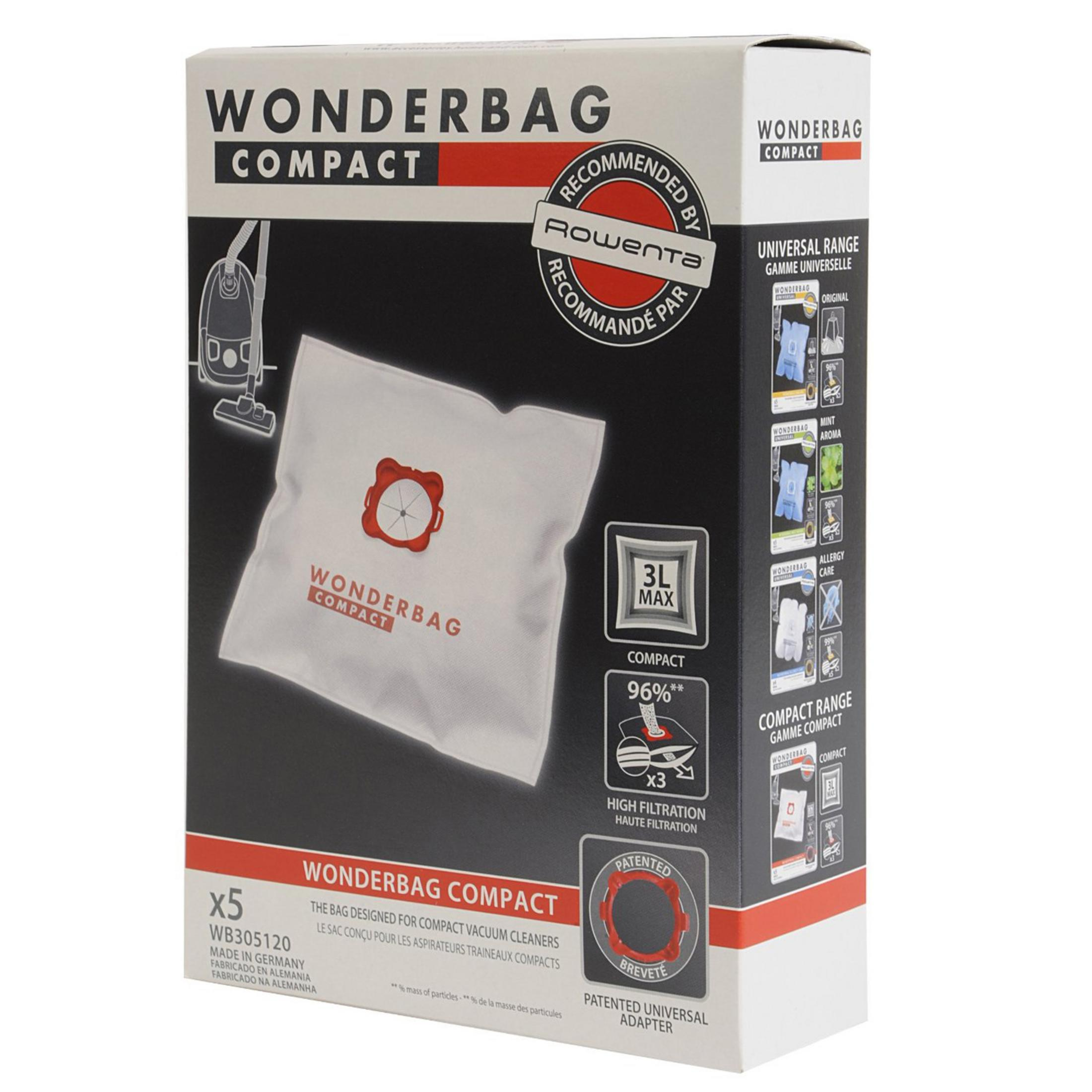 Scatola di sacchetti per aspirapolvere Wonderbag Compact. Contiene dettagli, logo e informazioni sul prodotto.