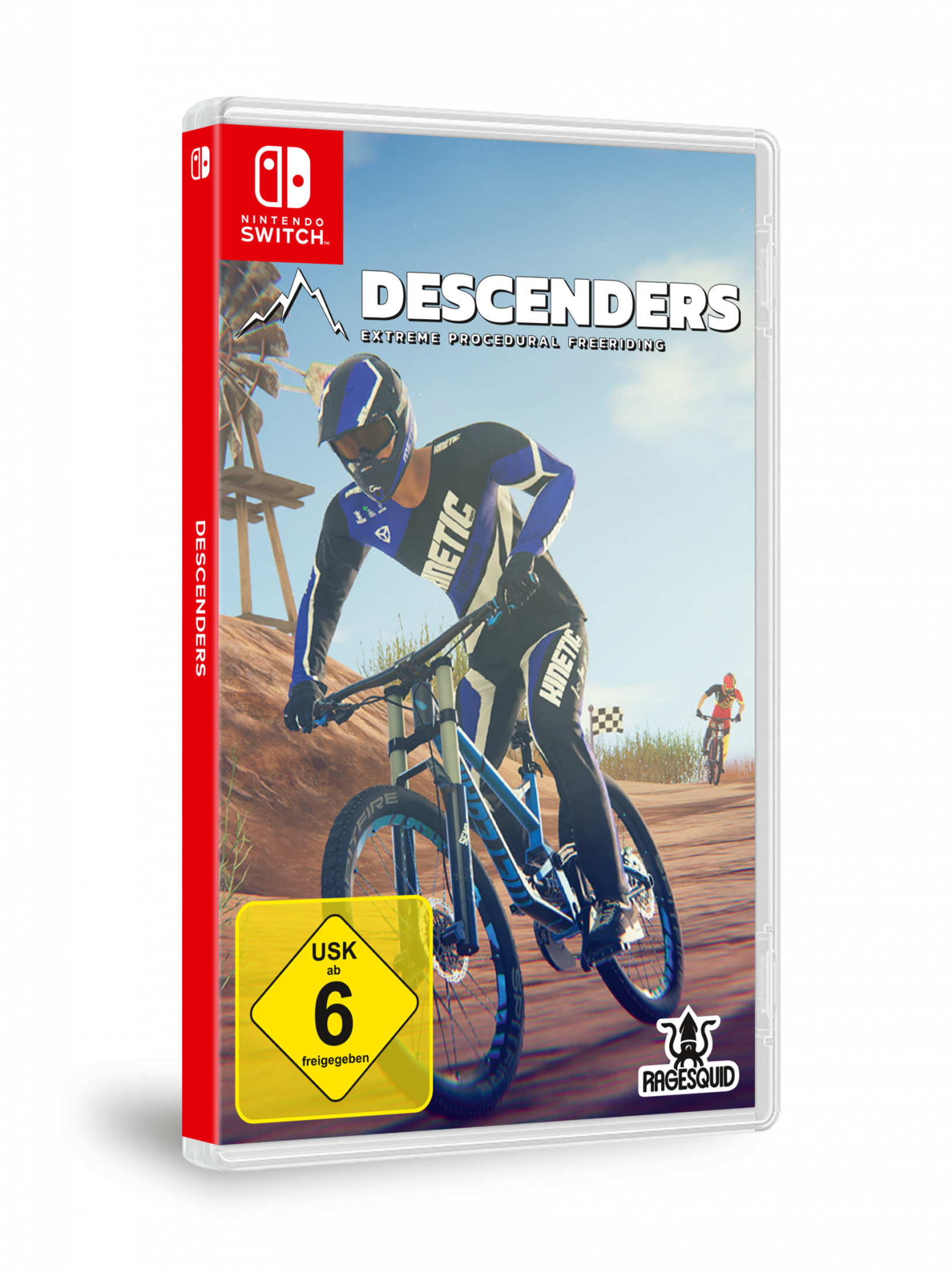 Spielbox von Descenders. Ein Biker auf einem Mountainbike ist im Vordergrund. Der Hintergrund ist eine Dirt Road.