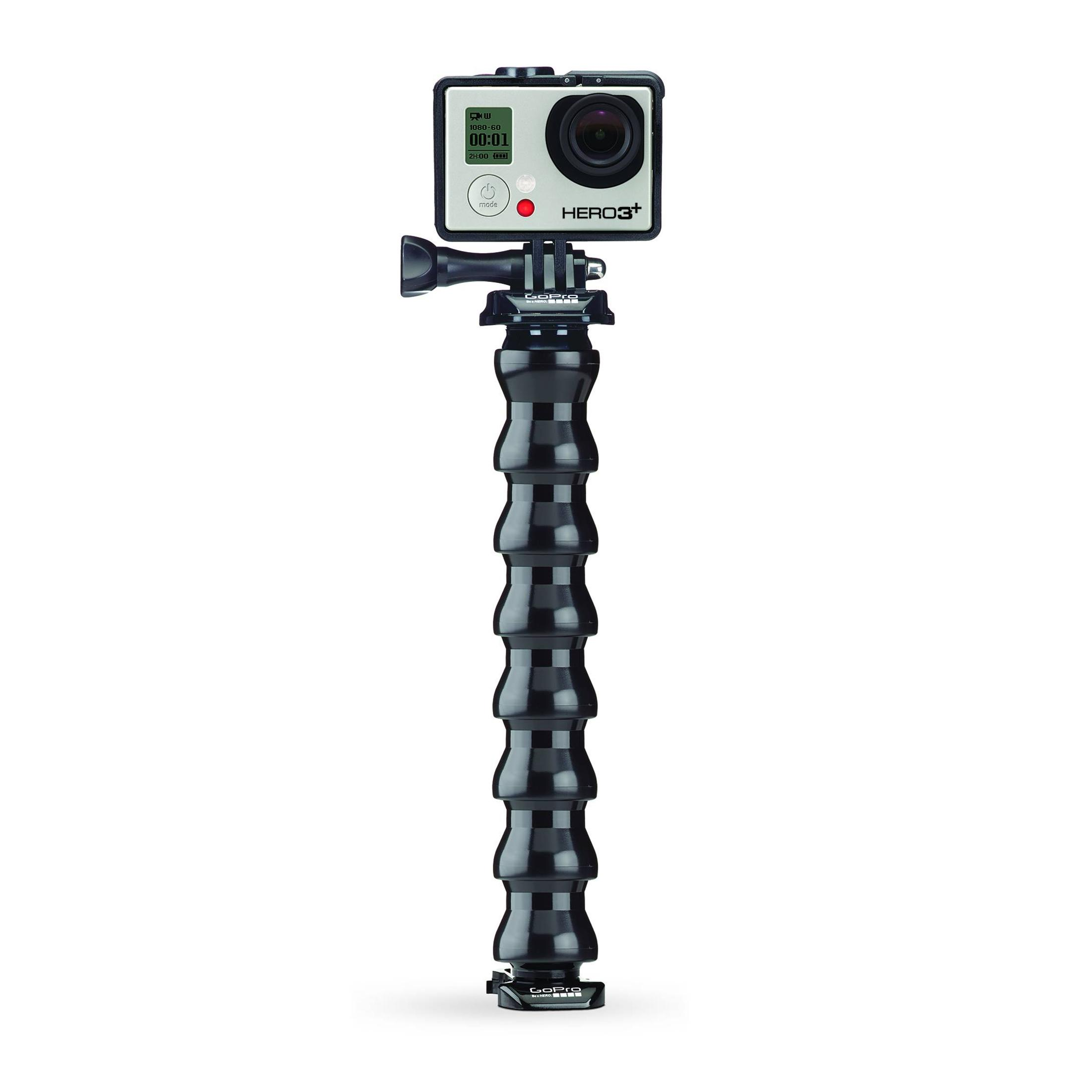 Una cámara GoPro Hero3+ montada en un trípode negro flexible, sobre un fondo blanco.