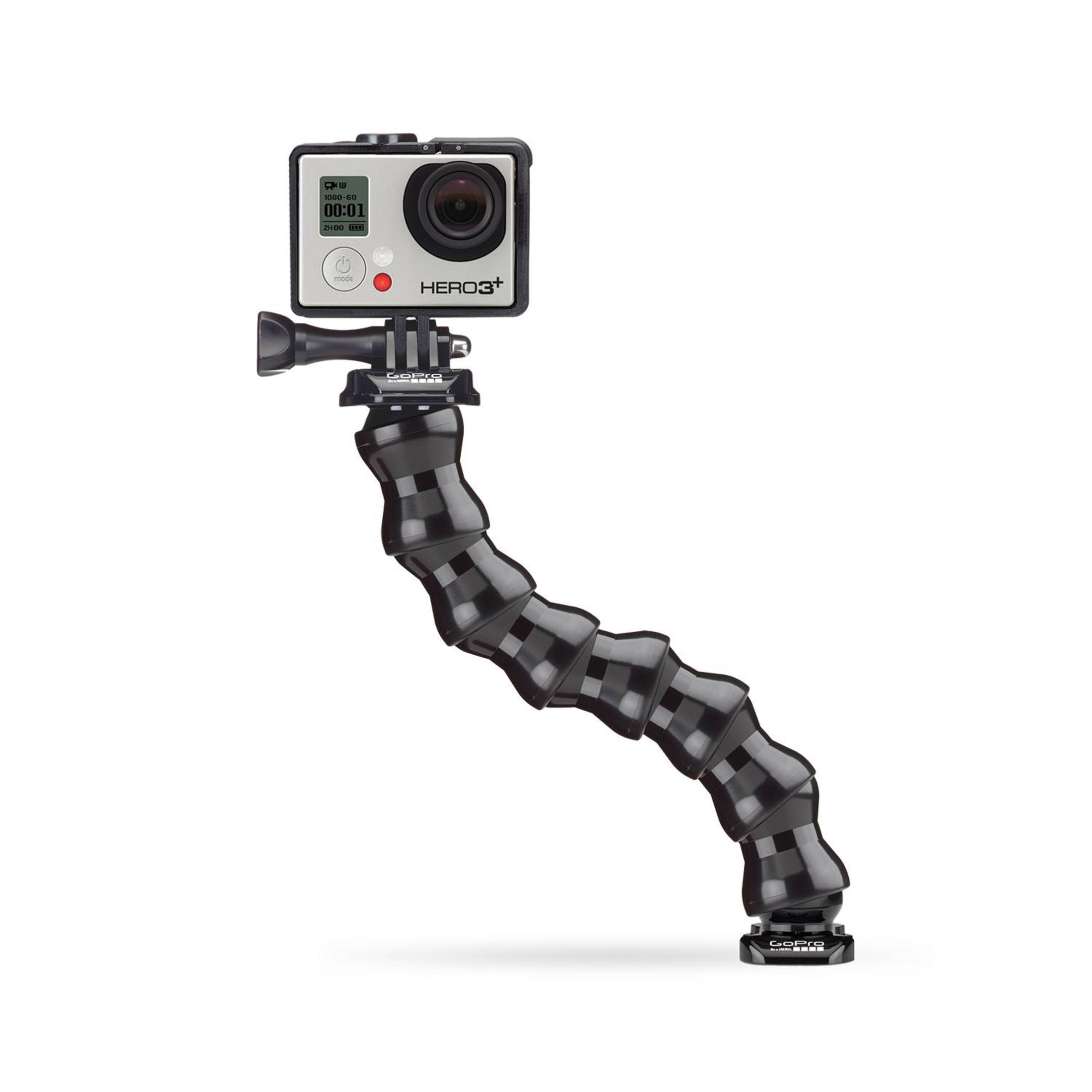 Cámara GoPro en un soporte flexible negro. La cámara es negra y el soporte está curvado.