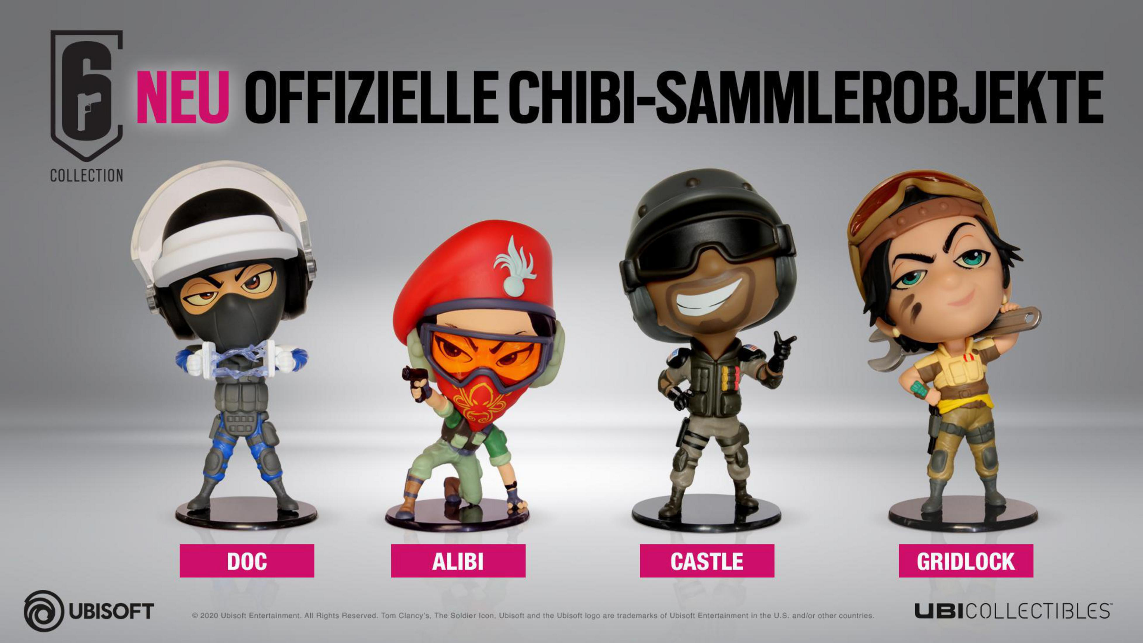 Colección de figuras chibi de Rainbow Six Siege: Doc, Alibi, Castle y Gridlock.