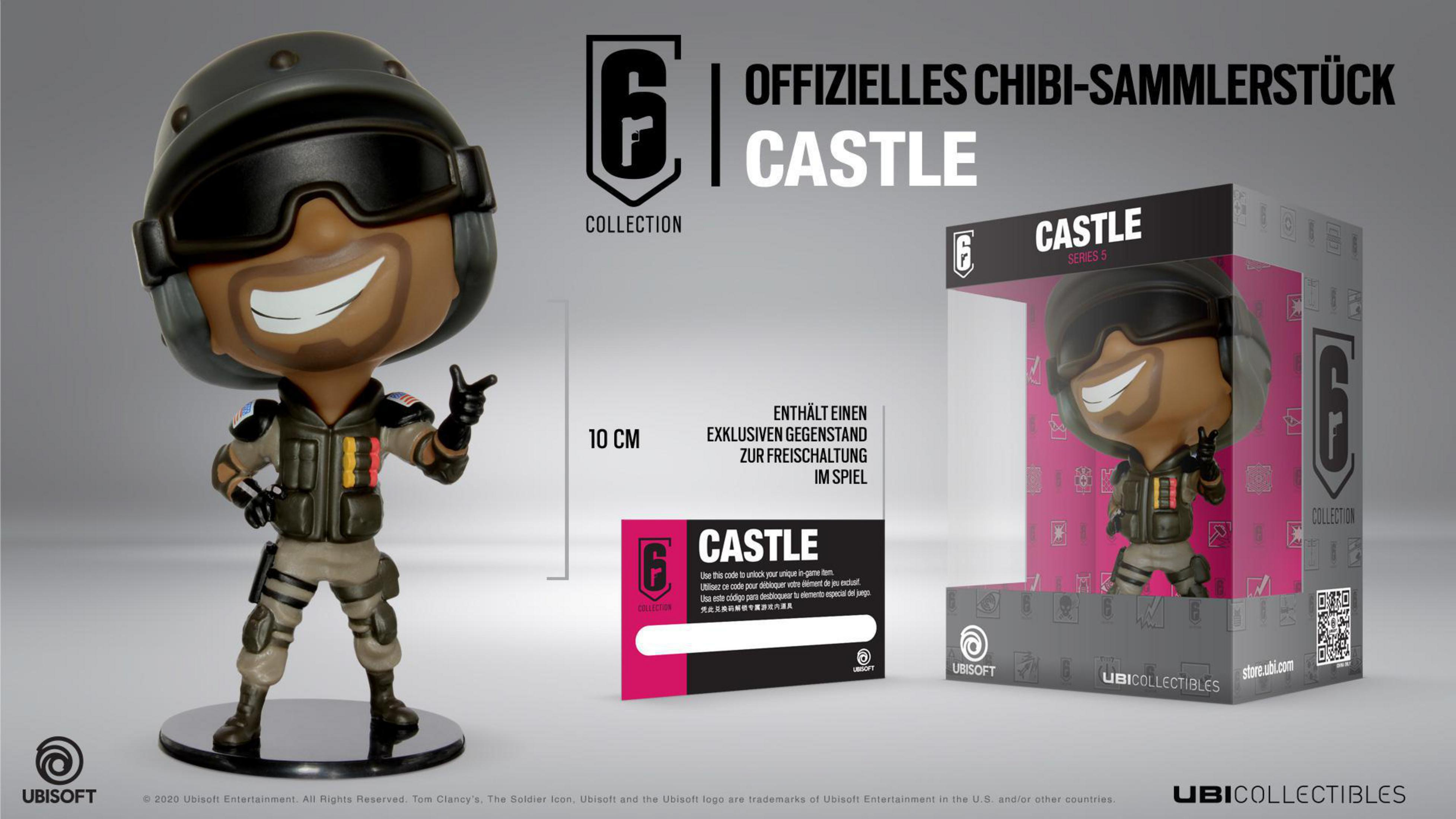 Figura Chibi de 'Castle' de Rainbow Six Siege en una caja transparente con texto sobre fondo rosa.