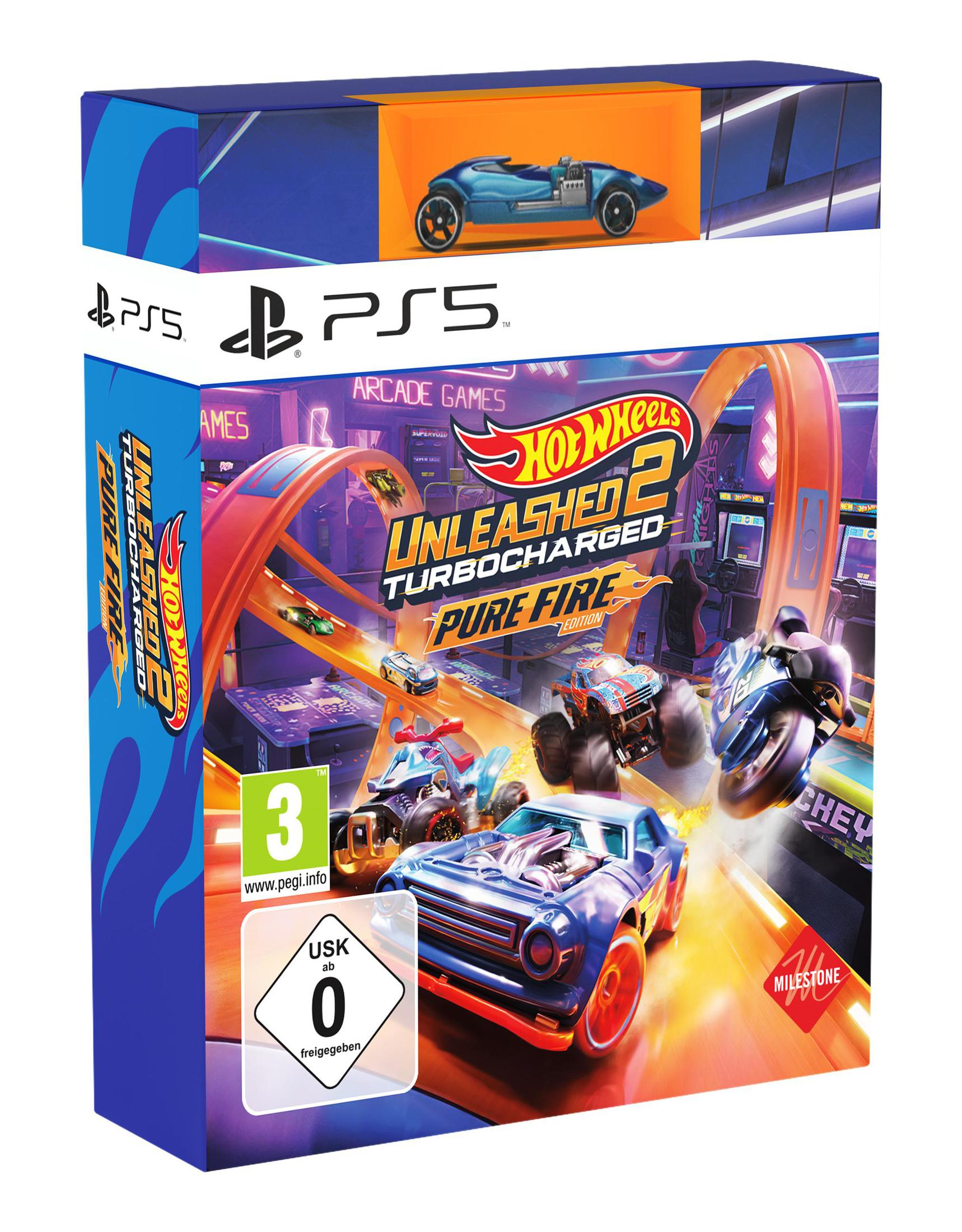 Una scatola di videogiochi per Hot Wheels Unleashed 2 su PS5. La scatola mostra auto e una pista.