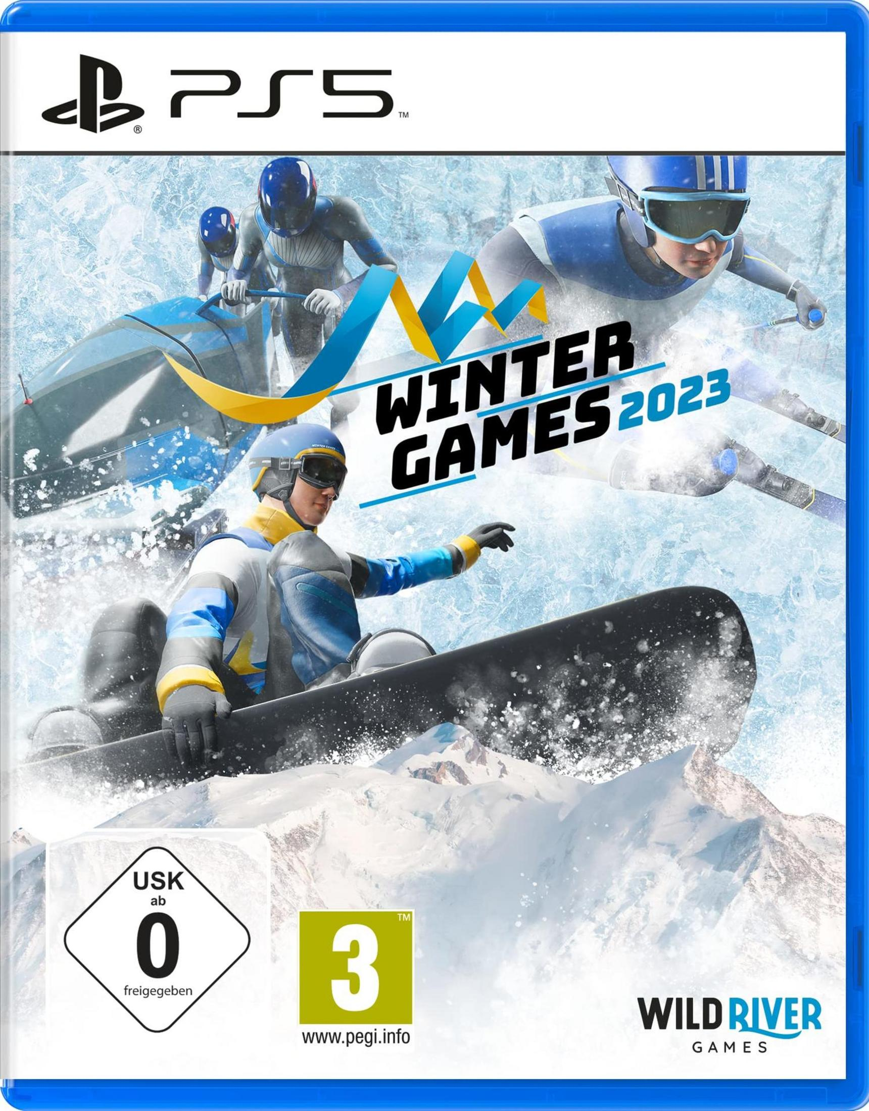 Scatola del gioco Winter Games 2023 per PS5. Snowboarder sulla copertina, design blu e bianco.