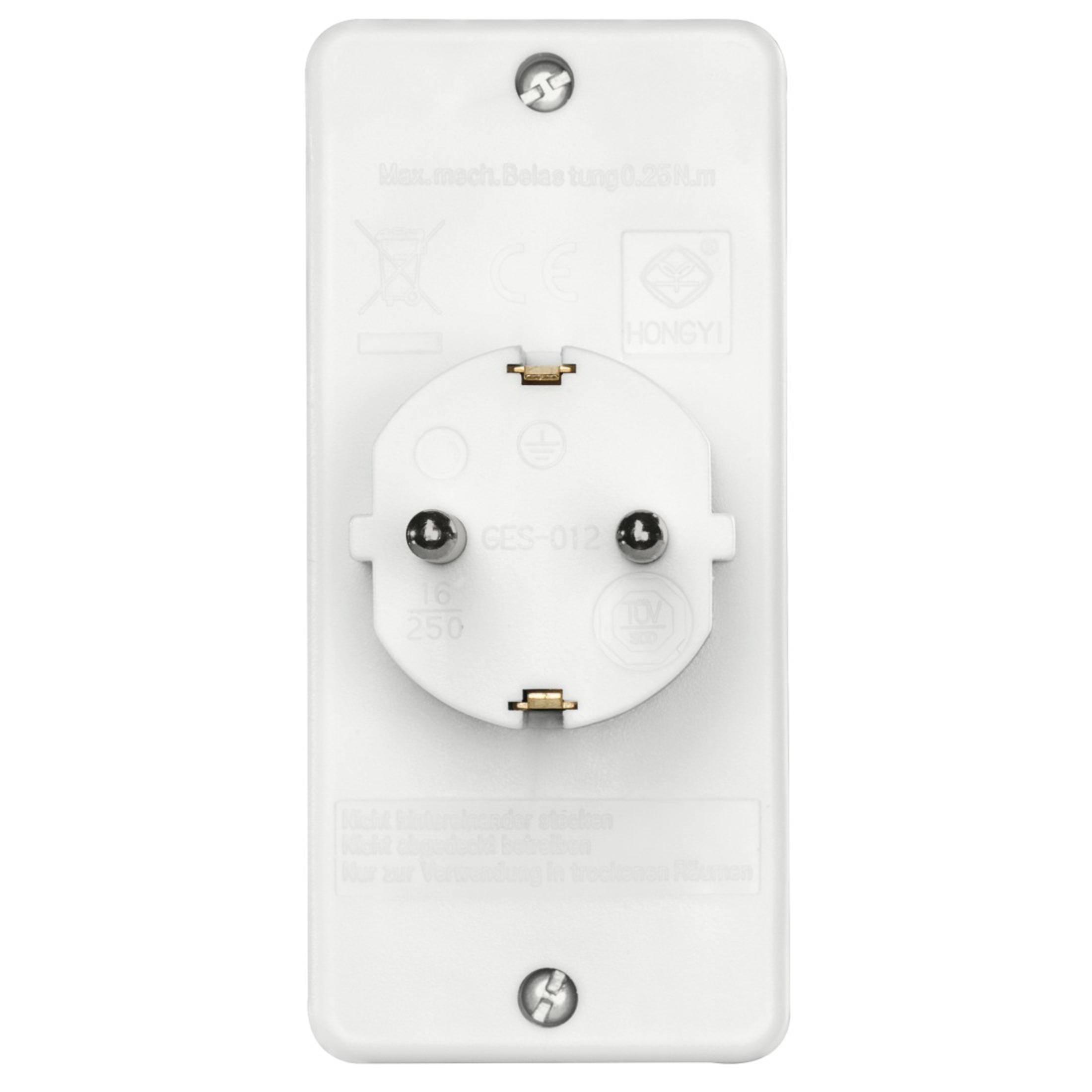 Ein weißer Elektroadapter mit drei Metallstiften und dem Text GES-012.