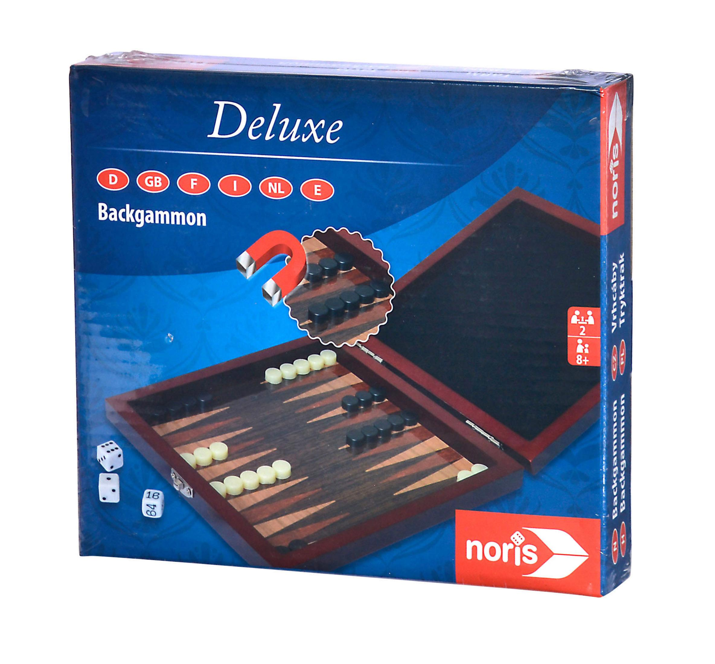 Deluxe Backgammon Spielbox. Box offen, Holzbrett mit Steinen, Würfeln und Magneten.