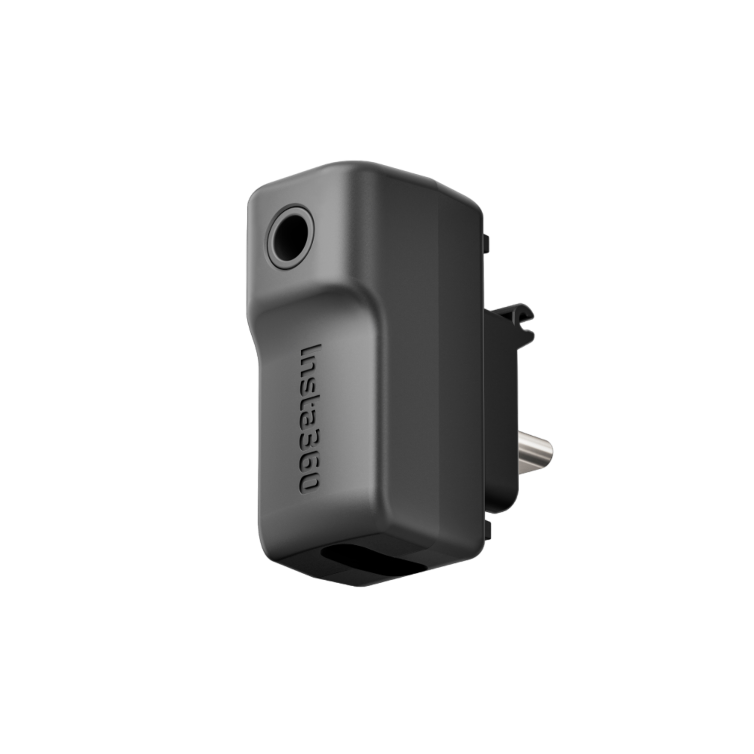 Un adattatore insta360 grigio con sfondo nero. È collegato.