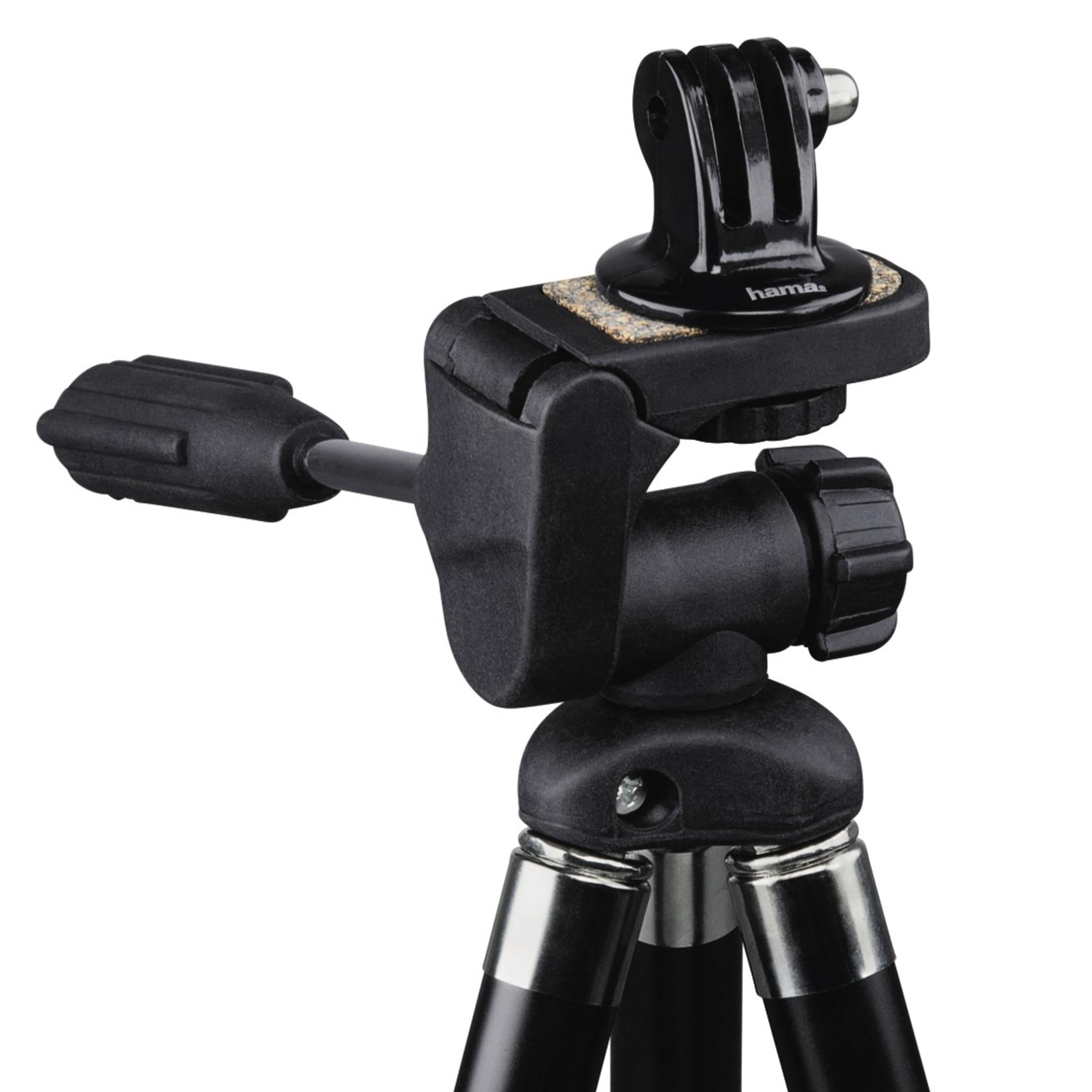 Treppiede nero con supporto per fotocamera. Testa regolabile, gambe nere e base argentata.