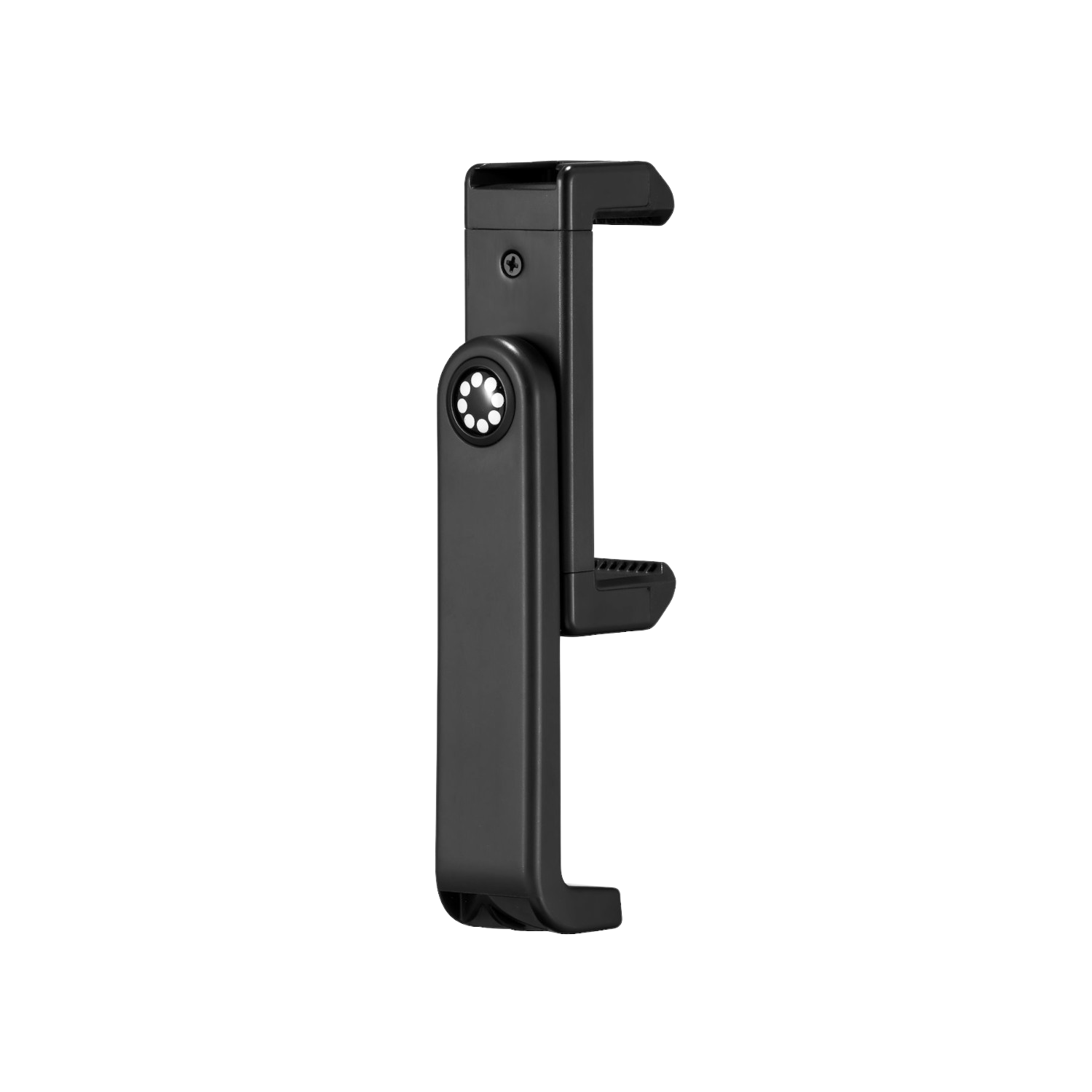 Supporto per telefono nero con luce. Il supporto ha un perno e un morsetto per fissare il telefono.