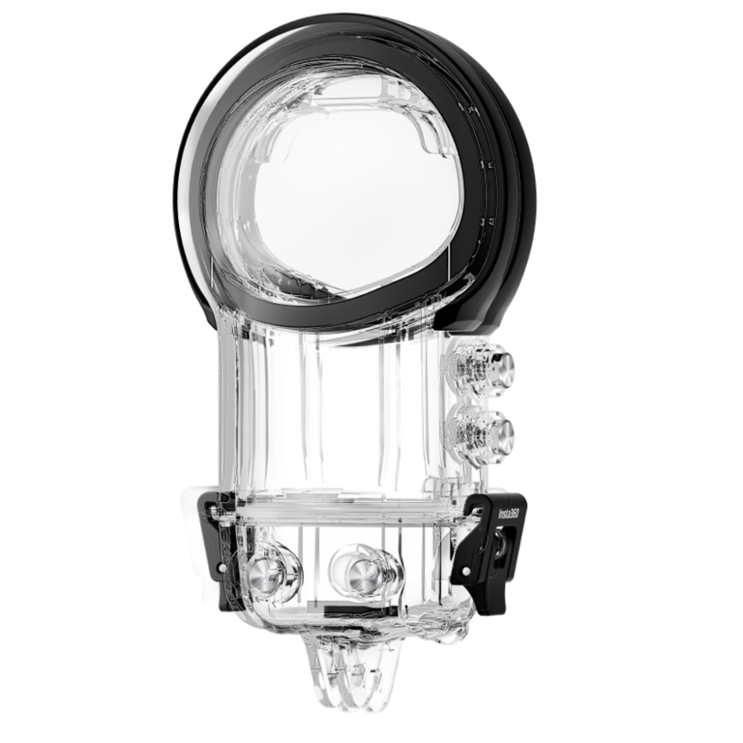 Transparente wasserdichte Insta360-Kamerahülle mit schwarzen Akzenten und Knöpfen.