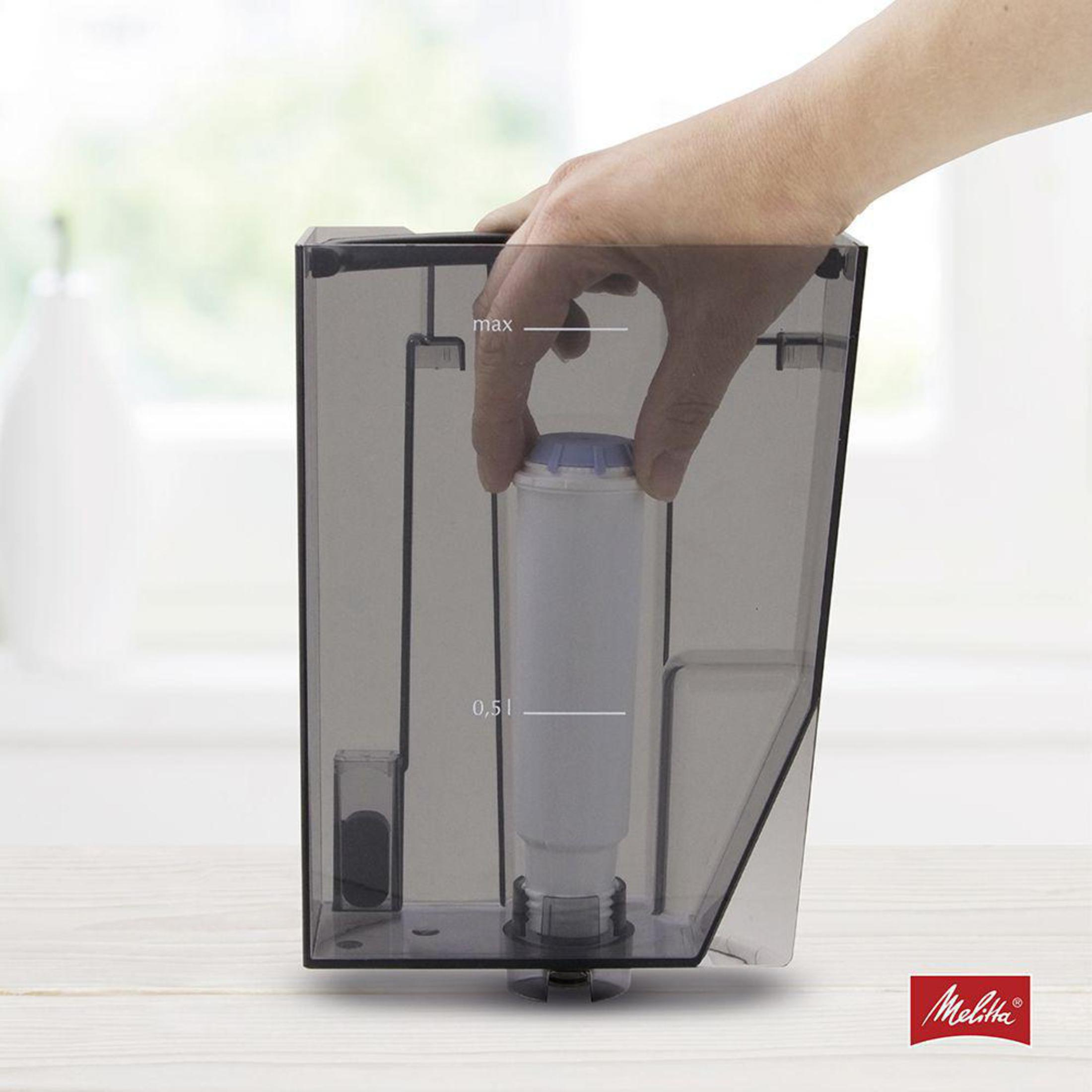 Hand setzt einen Wasserfilter in einen grauen Wassertank ein, mit einem Melitta-Logo unten rechts.