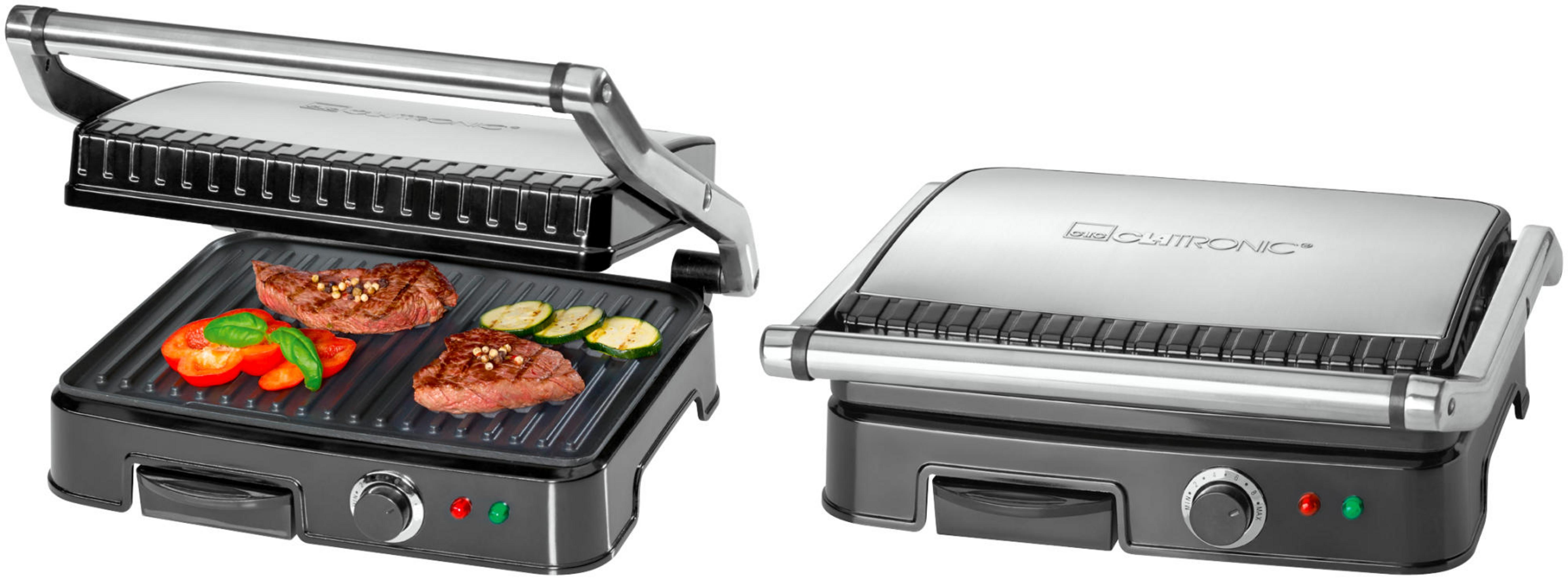 Dwa widoki srebrno-czarnego grilla ze stekami i warzywami na otwartym grillu.