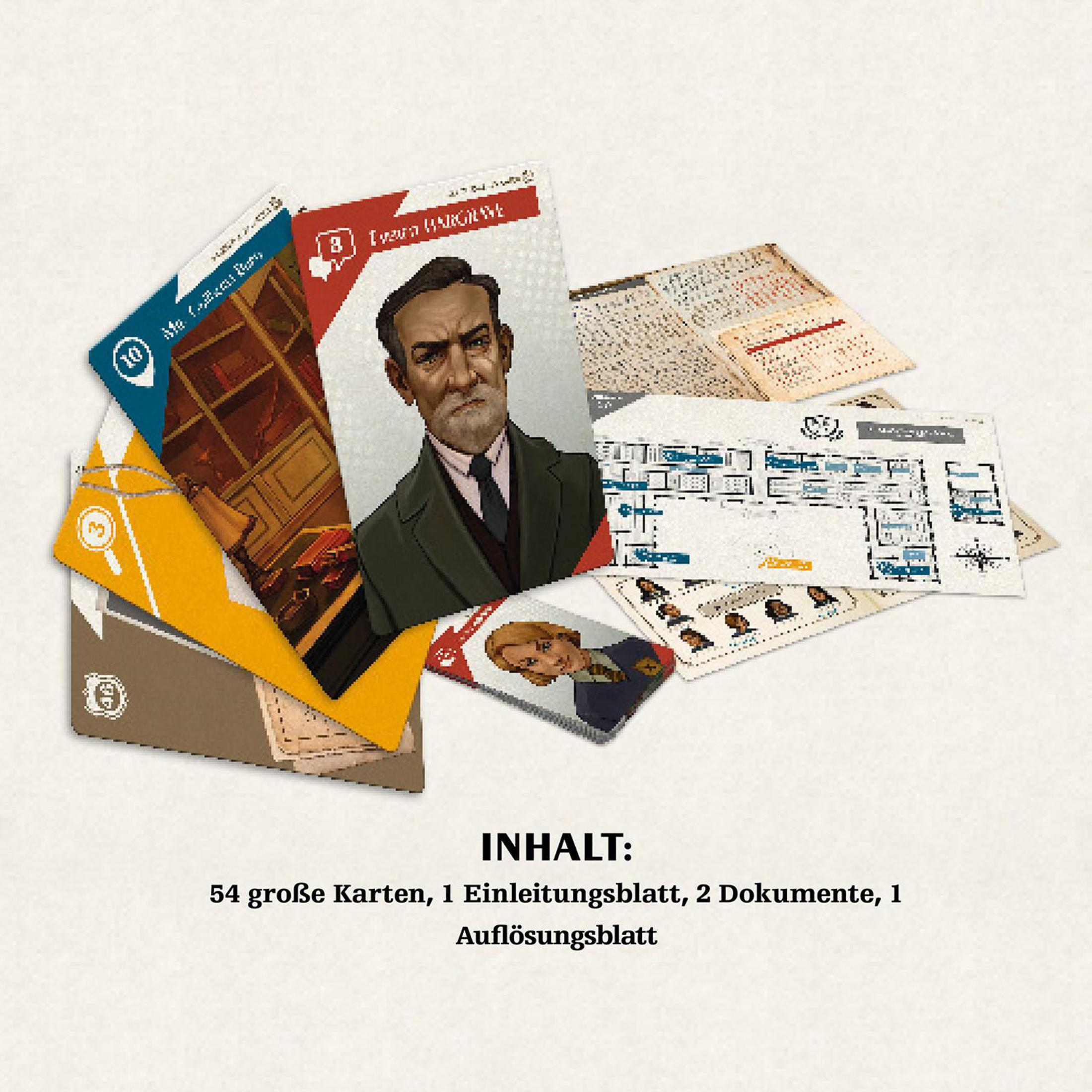 Nahaufnahme von Spielkarten mit Text und Illustrationen, darunter ein Mann und ein Raumplan.