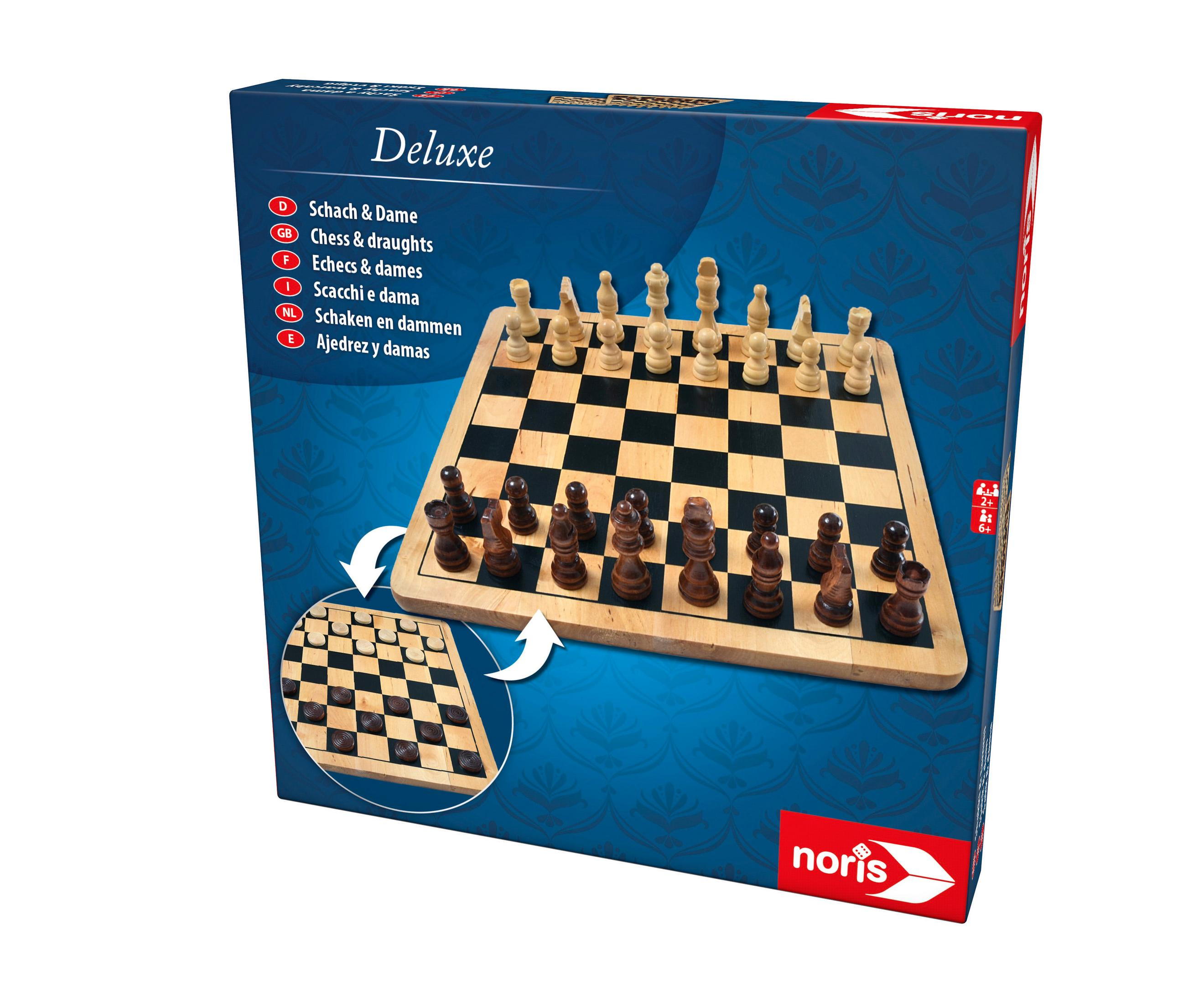 Deluxe Schach- und Dame-Set in einer Box, mit Figuren auf dem Brett, weißer Hintergrund.