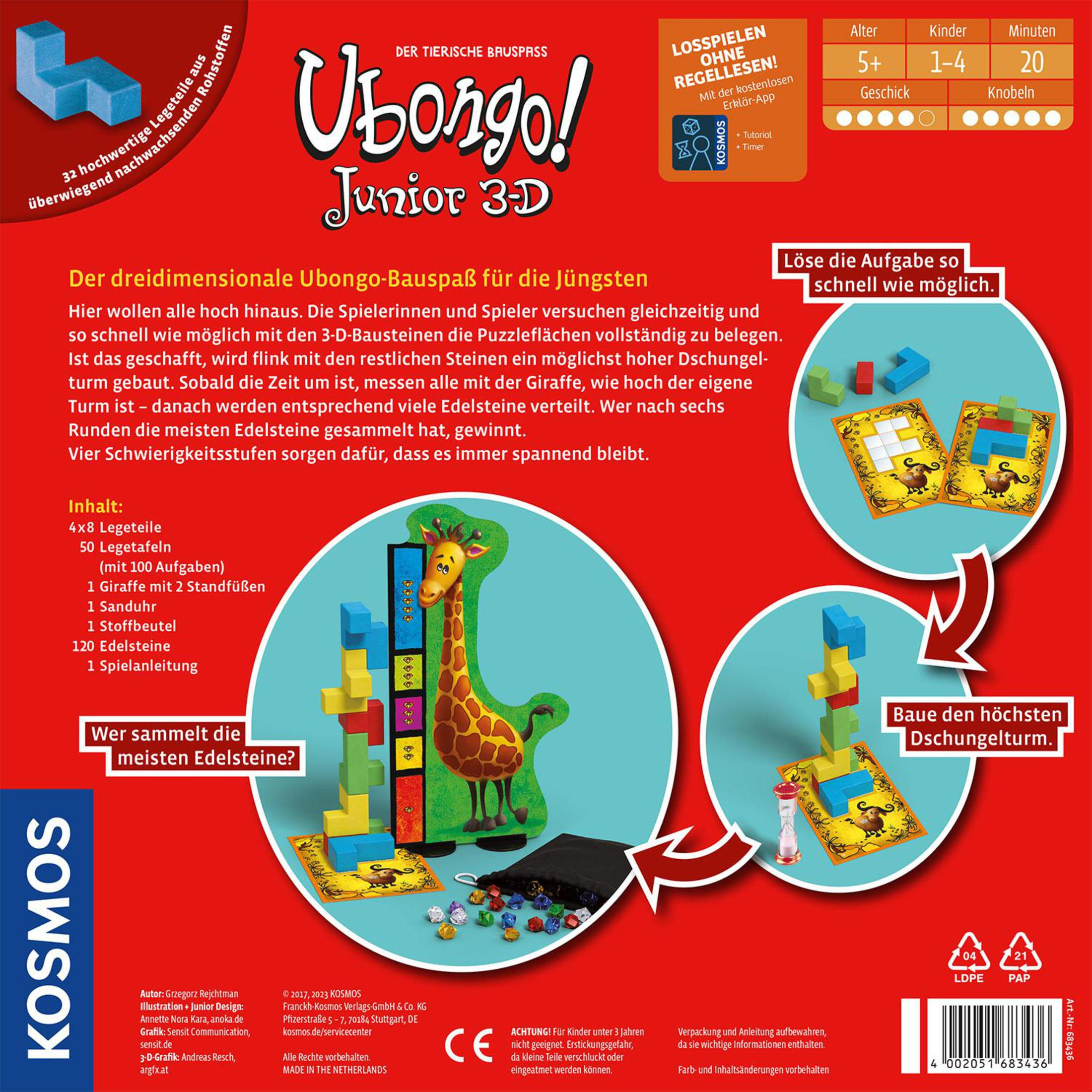 Verpackung für Ubongo! Junior 3D-Spiel mit Spielsteinen. Ein Giraffe ist ebenfalls auf der Box abgebildet.