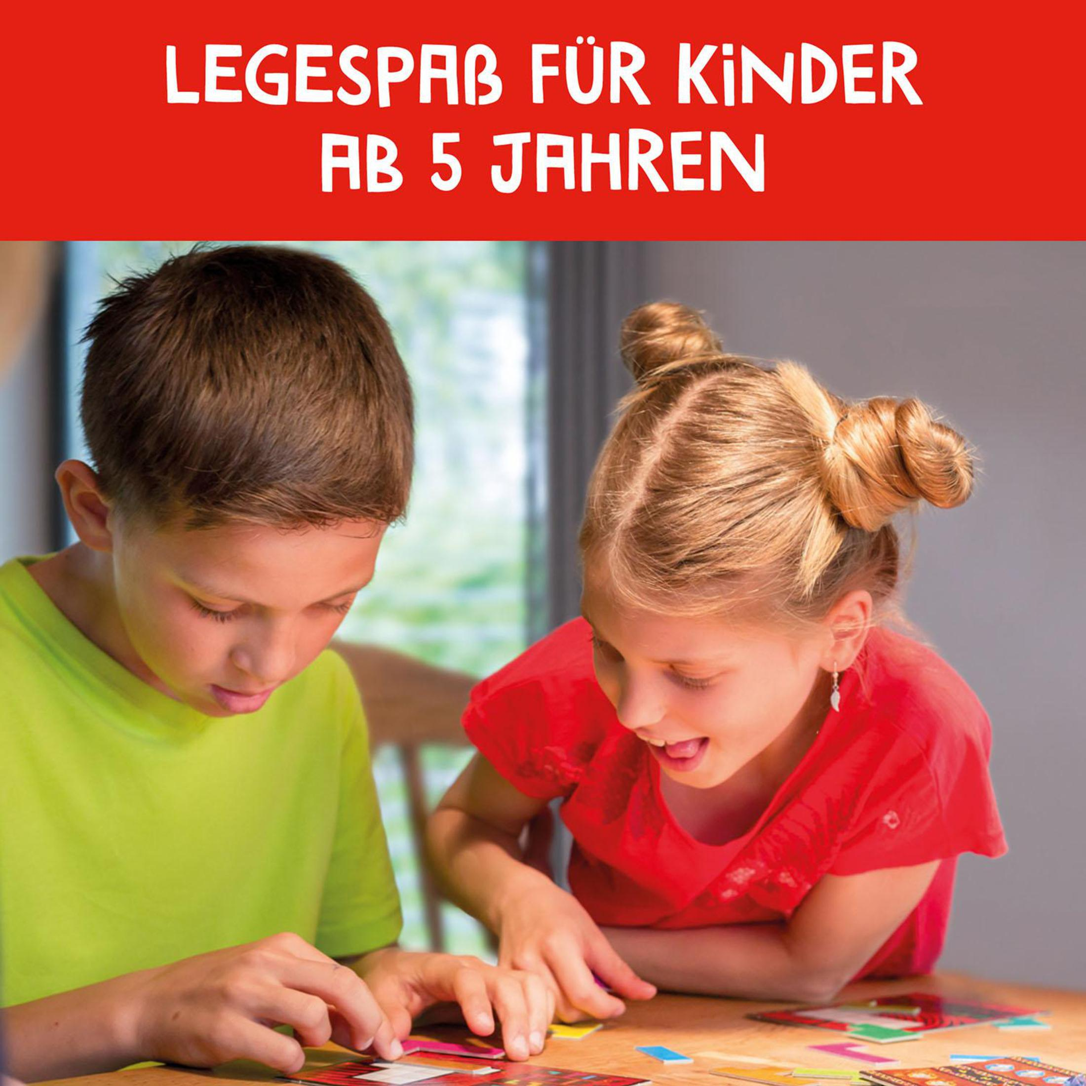 Zwei Kinder spielen ein Brettspiel. Der Text oben lautet 'Legespaß für Kinder ab 5 Jahren'.