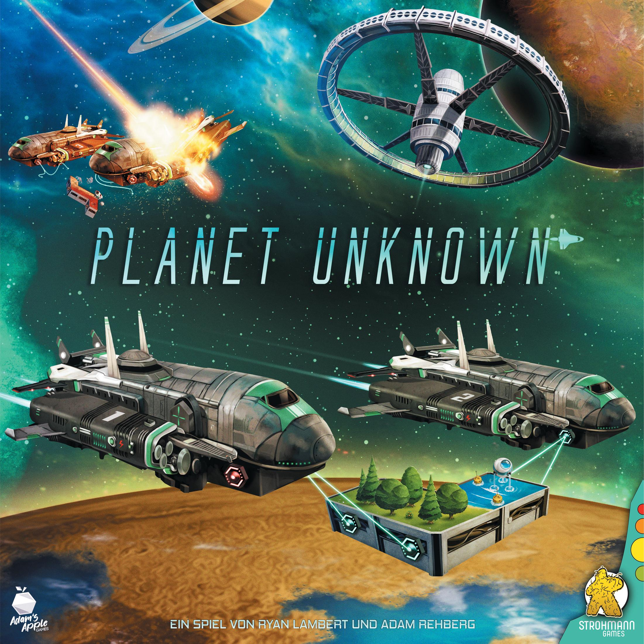 Brettspielbox mit Raumschiff-Illustrationen und dem Titel "PLANET UNKNOWN". Weltraumthema.