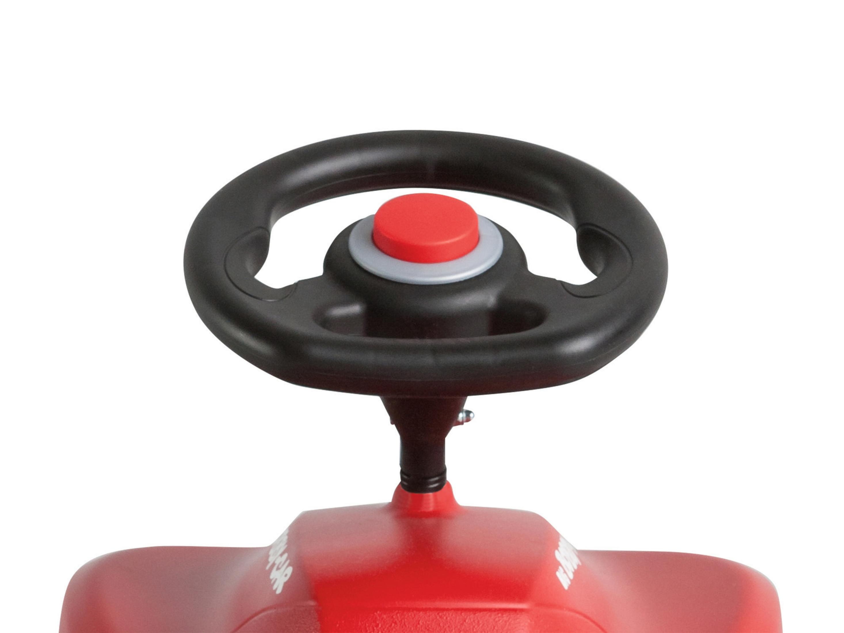 Czerwona kierownica z czerwonym przyciskiem.