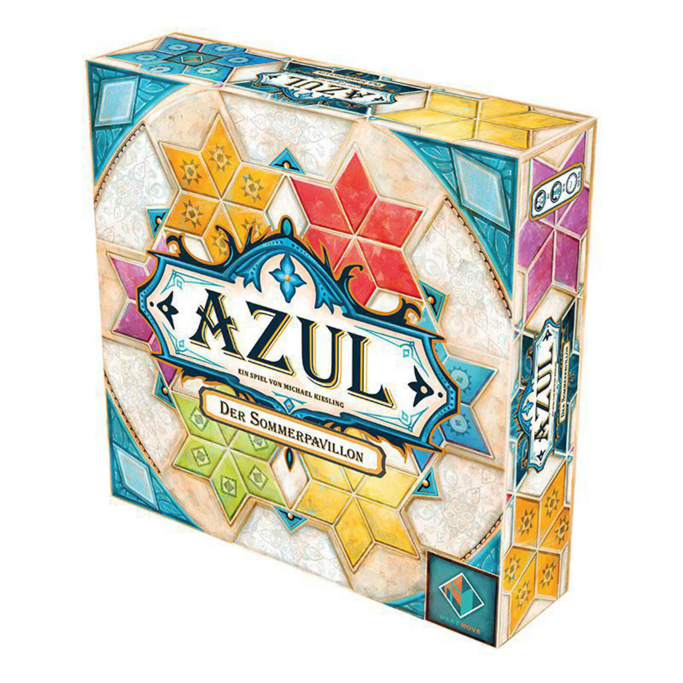 Azul Brettspielbox mit farbenfrohen geometrischen Designs. Ein Brettspiel über Fliesen und Strategie.