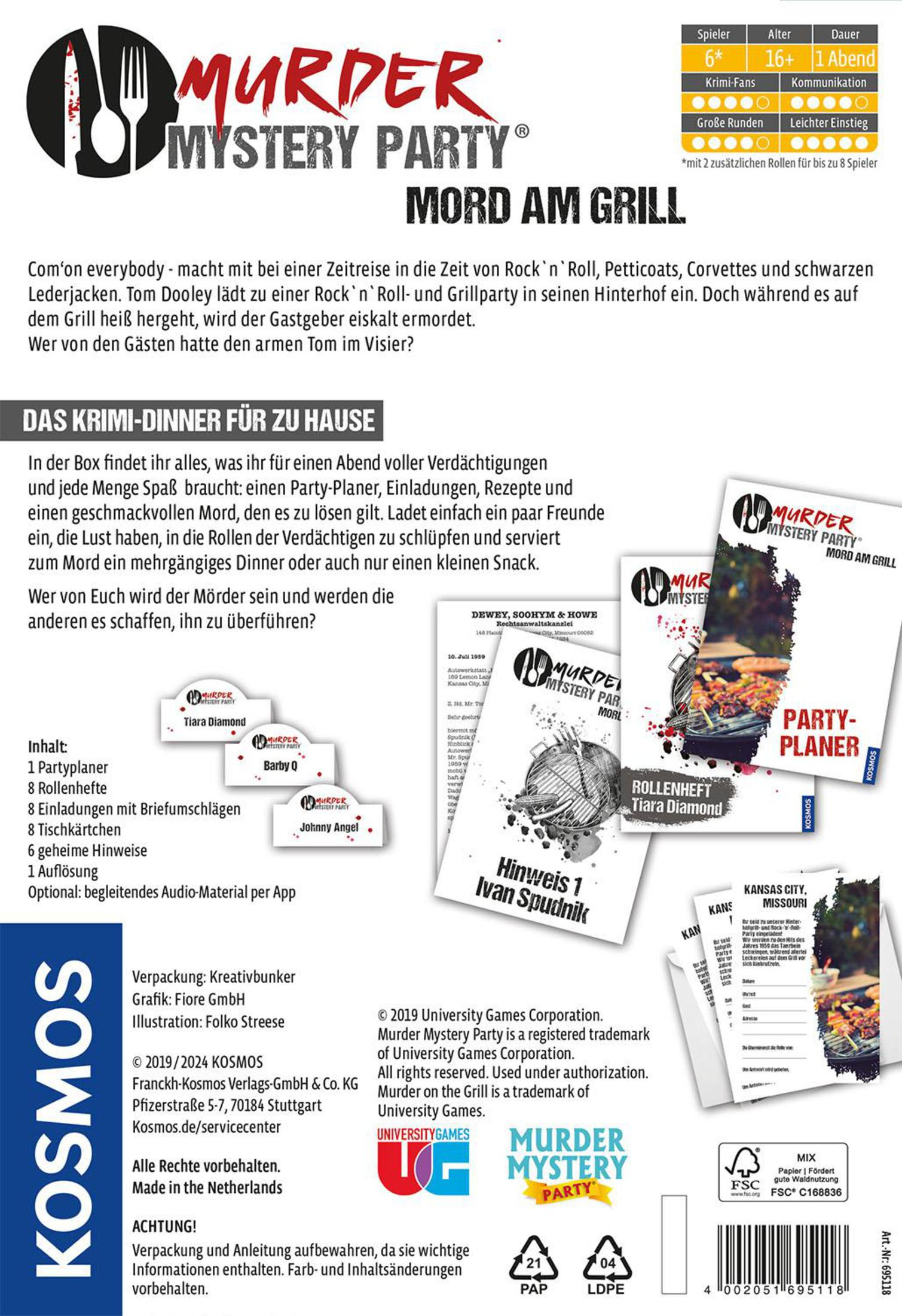 Tył pudełka gry Murder Mystery Party. Pokazuje różne karty i planera imprezy.