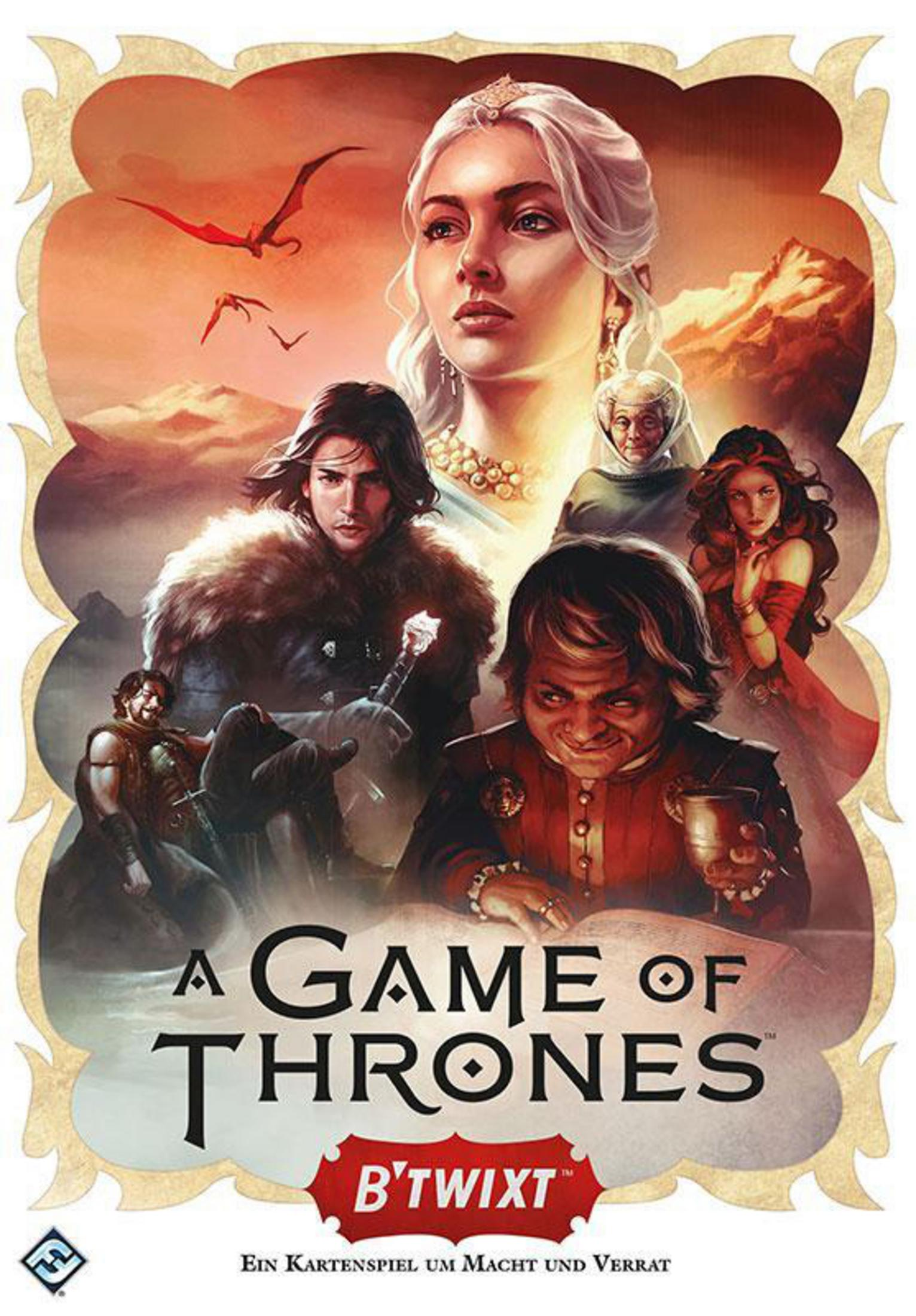 Brettspielbox mit Game of Thrones-Charakteren, eine Frau und eine Gruppe von Männern.