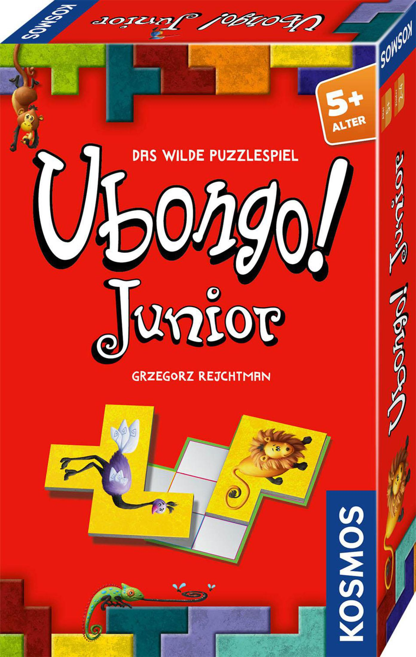 Ubongo Junior Spielbox. Roter Hintergrund, Spielteile und eine Löwenillustration. Enthält 'Kosmos' und 'Junior'.