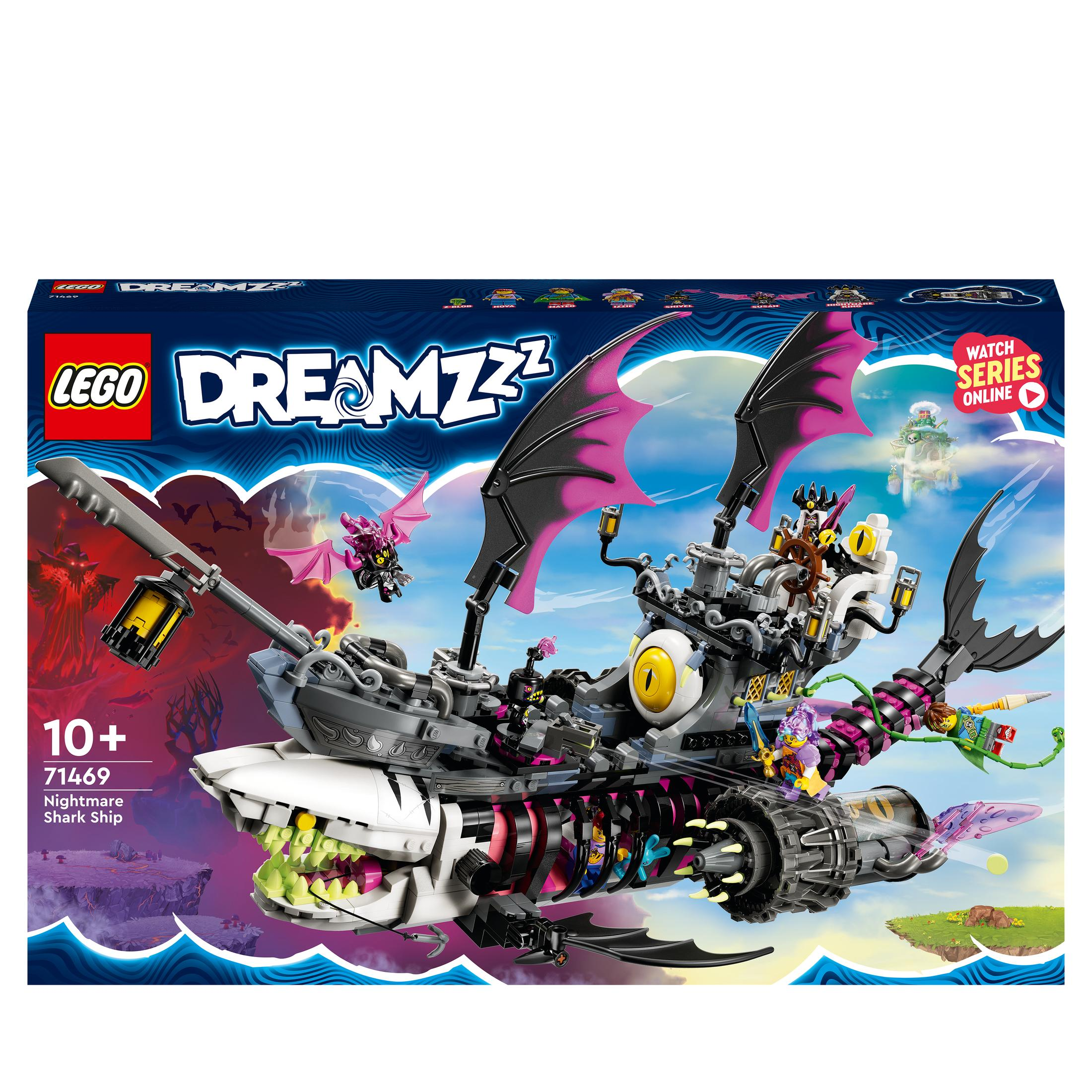 Lego Dreamzzz Set-Box. Enthält ein Hai-Schiff mit Flügeln. Die Box zeigt eine Fantasieszene.