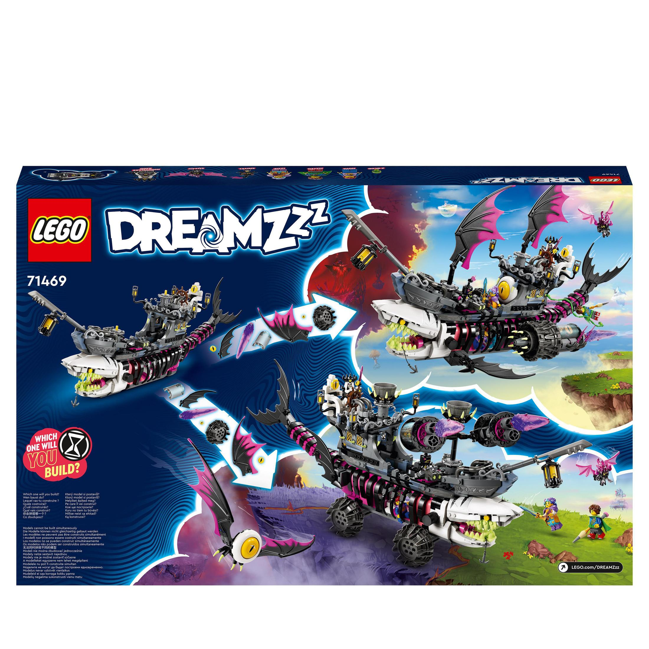 Eine Lego Dreamzzz Box. Zeigt ein Schiff mit Drachen, Figuren und einem blau-violetten Hintergrund.