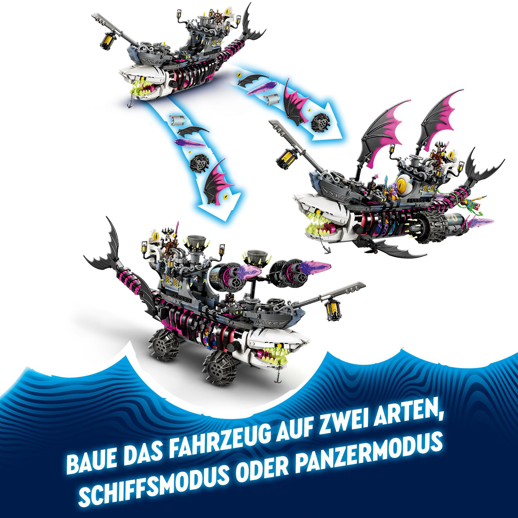 Lego-Set mit drei Variationen eines Hai-Themenfahrzeugs.