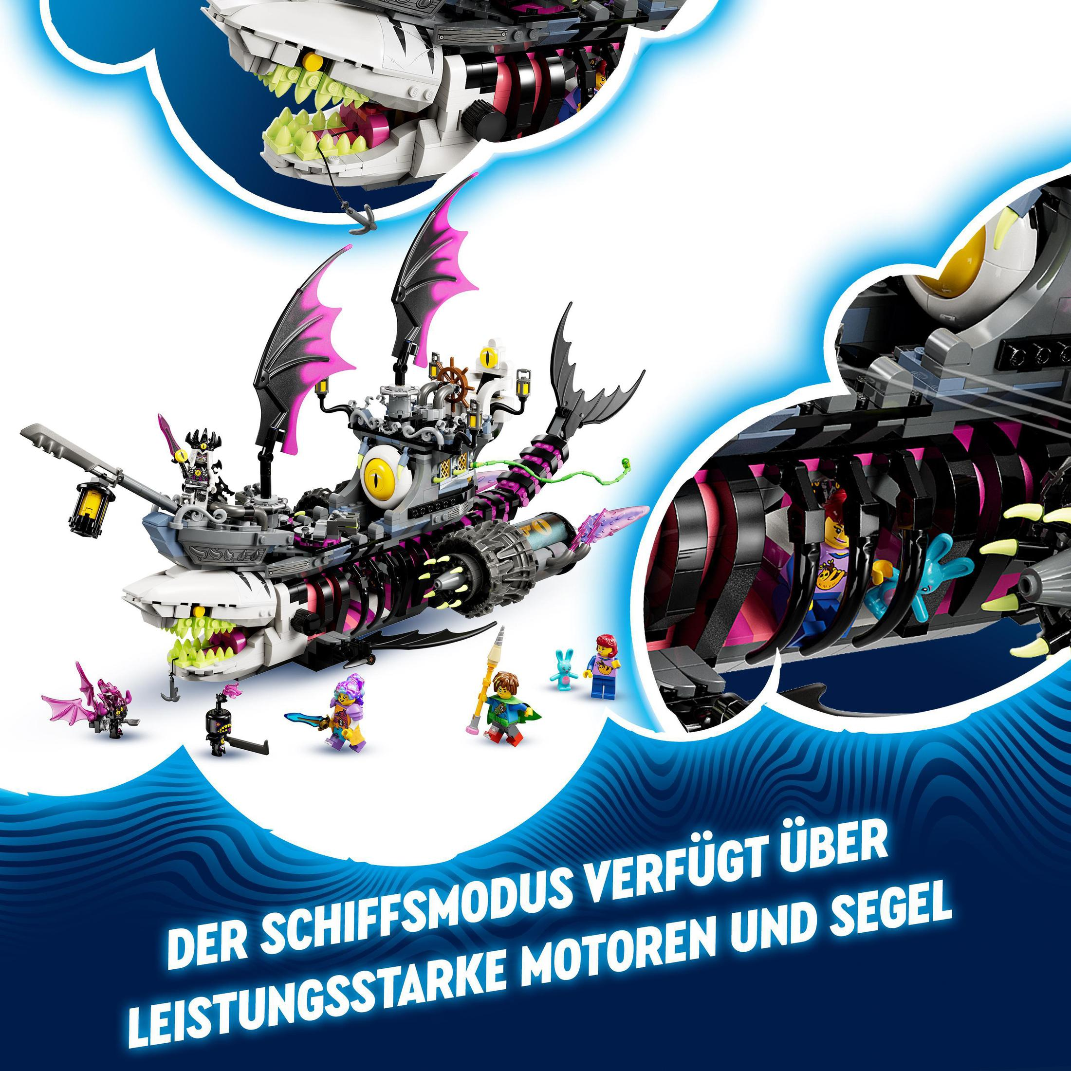 Lego-Set mit Schiff. Das Schiff ist schwarz und weiß mit lila Akzenten. Mehrere Lego-Figuren sind enthalten.