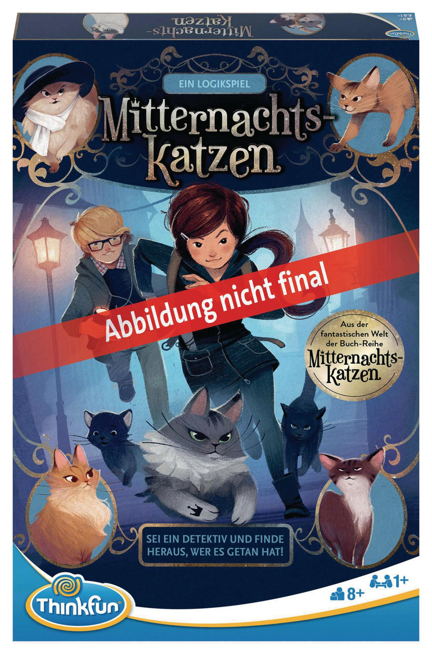 Brettspielbox: Mitternachts-Katzen, mit einem Mädchen, Katzen und einem mysteriösen Thema.
