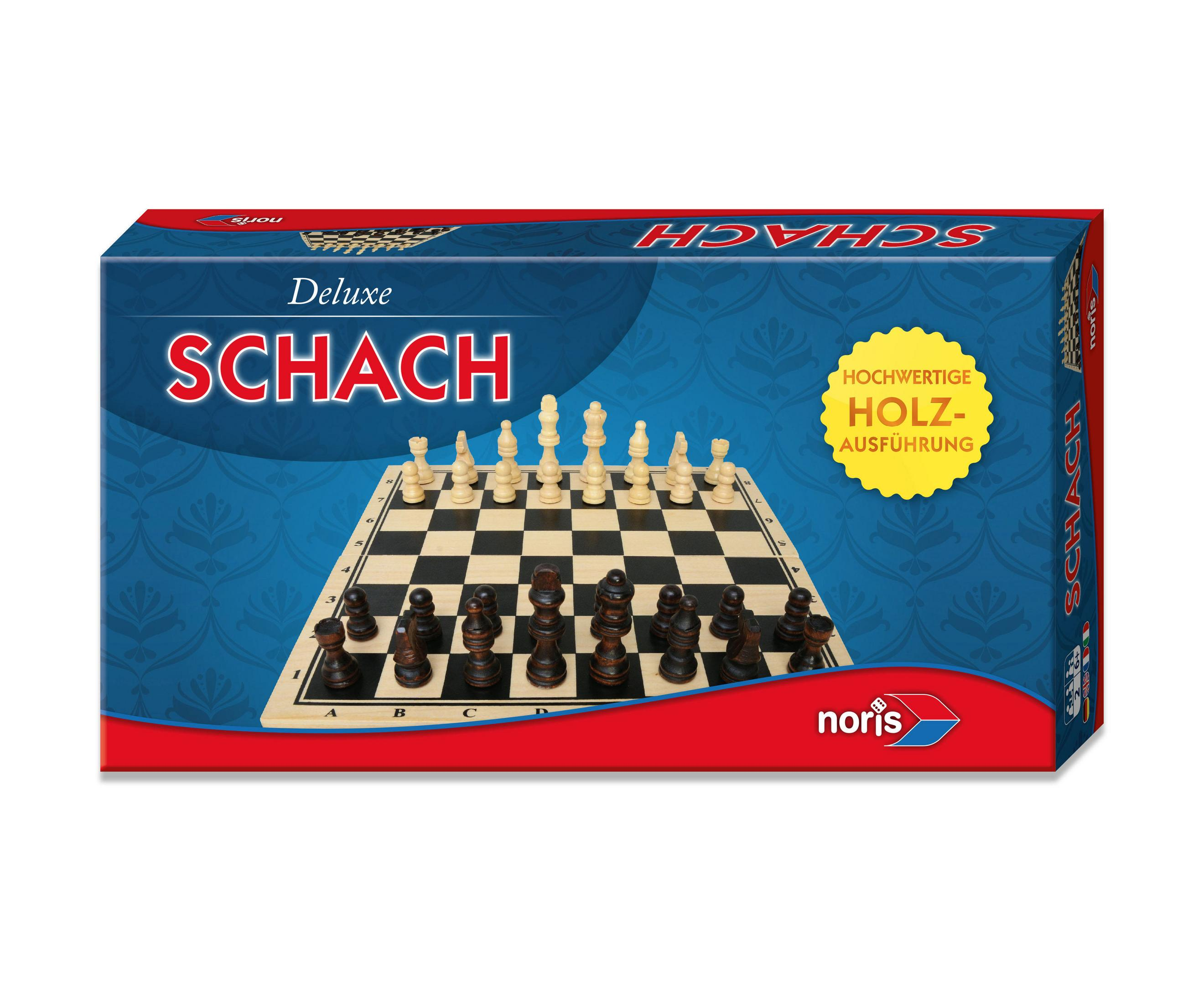 Eine Deluxe Schach Brettspielbox, mit Schachfiguren auf dem Brett aufgestellt.