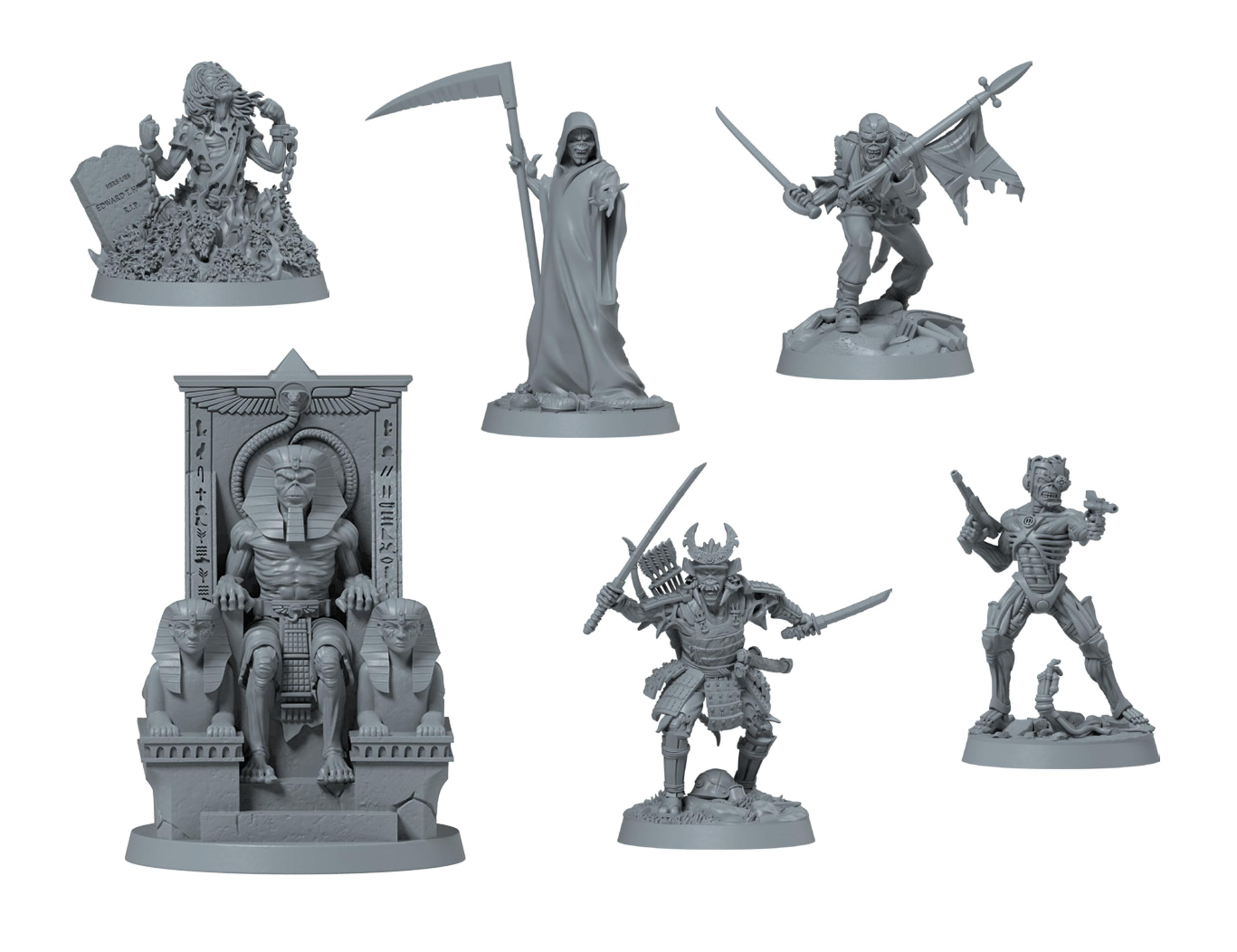Satz Fantasy-Figuren: Untote, Sensenmann, Samurai und andere, alle in Grau.