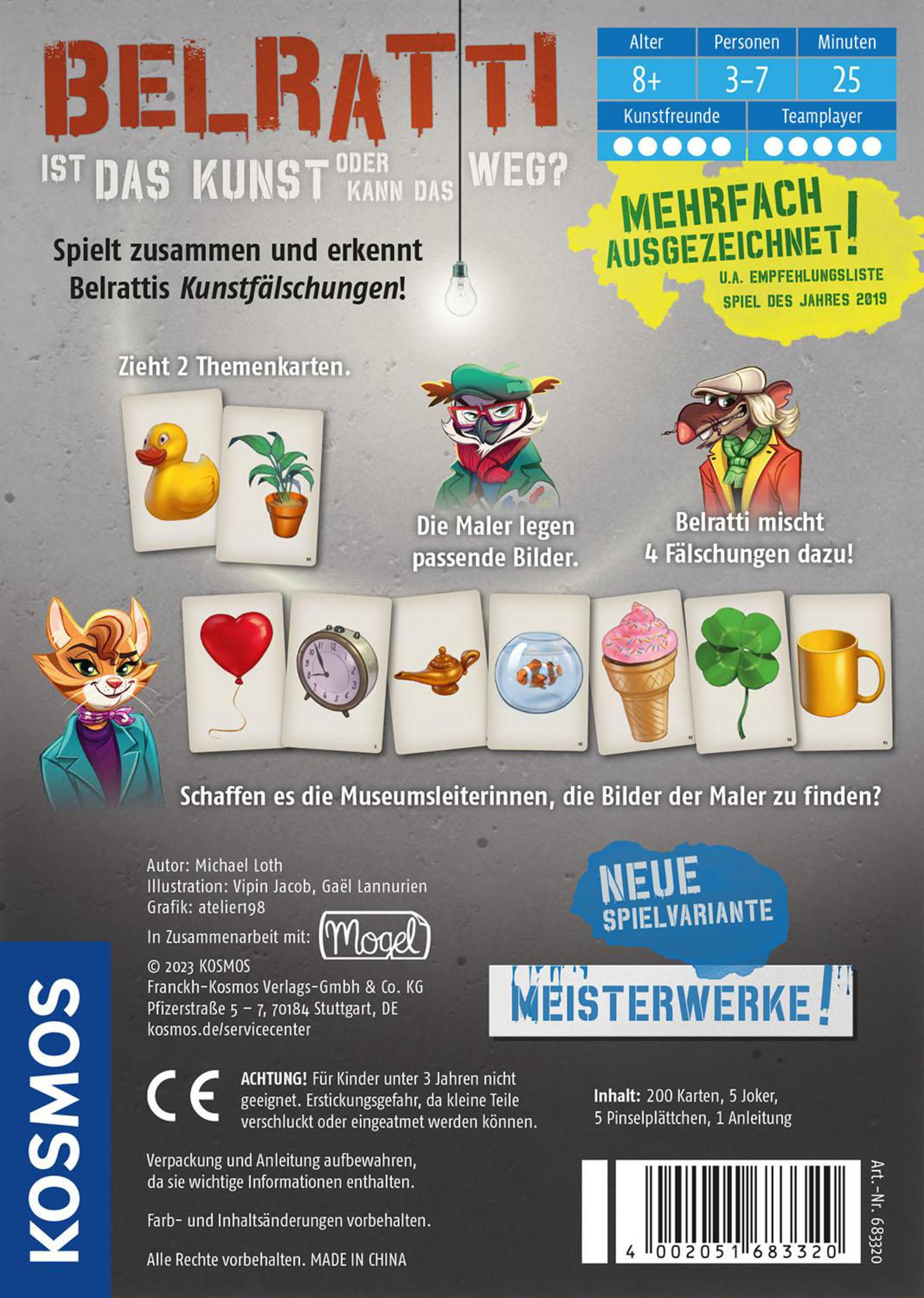 Die Rückseite einer Brettspielschachtel mit Illustrationen von Karten und Charakteren.