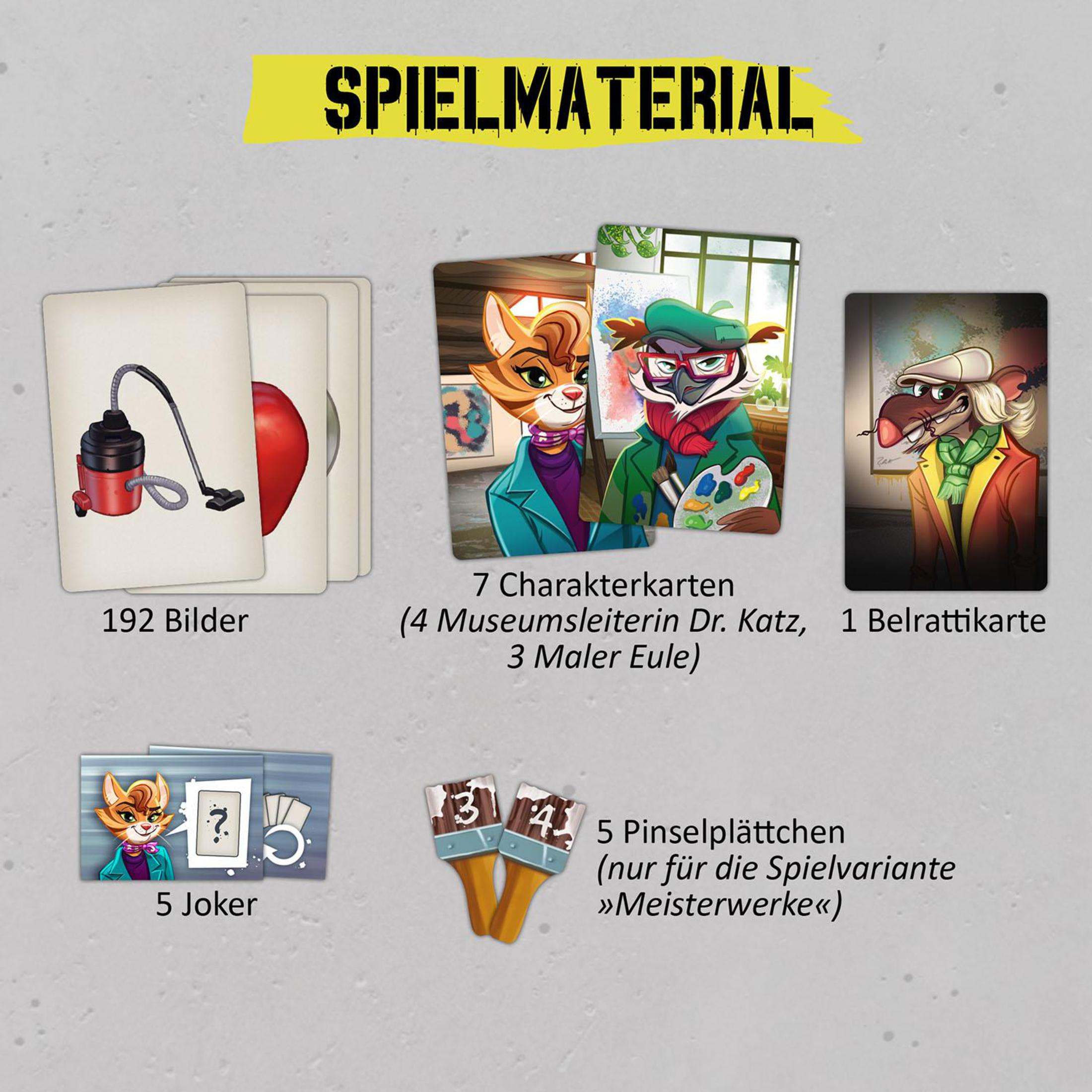 Verschiedene Spielkarten werden angezeigt. Die Karten zeigen Illustrationen von Kunst, einem Staubsauger und Porträts.