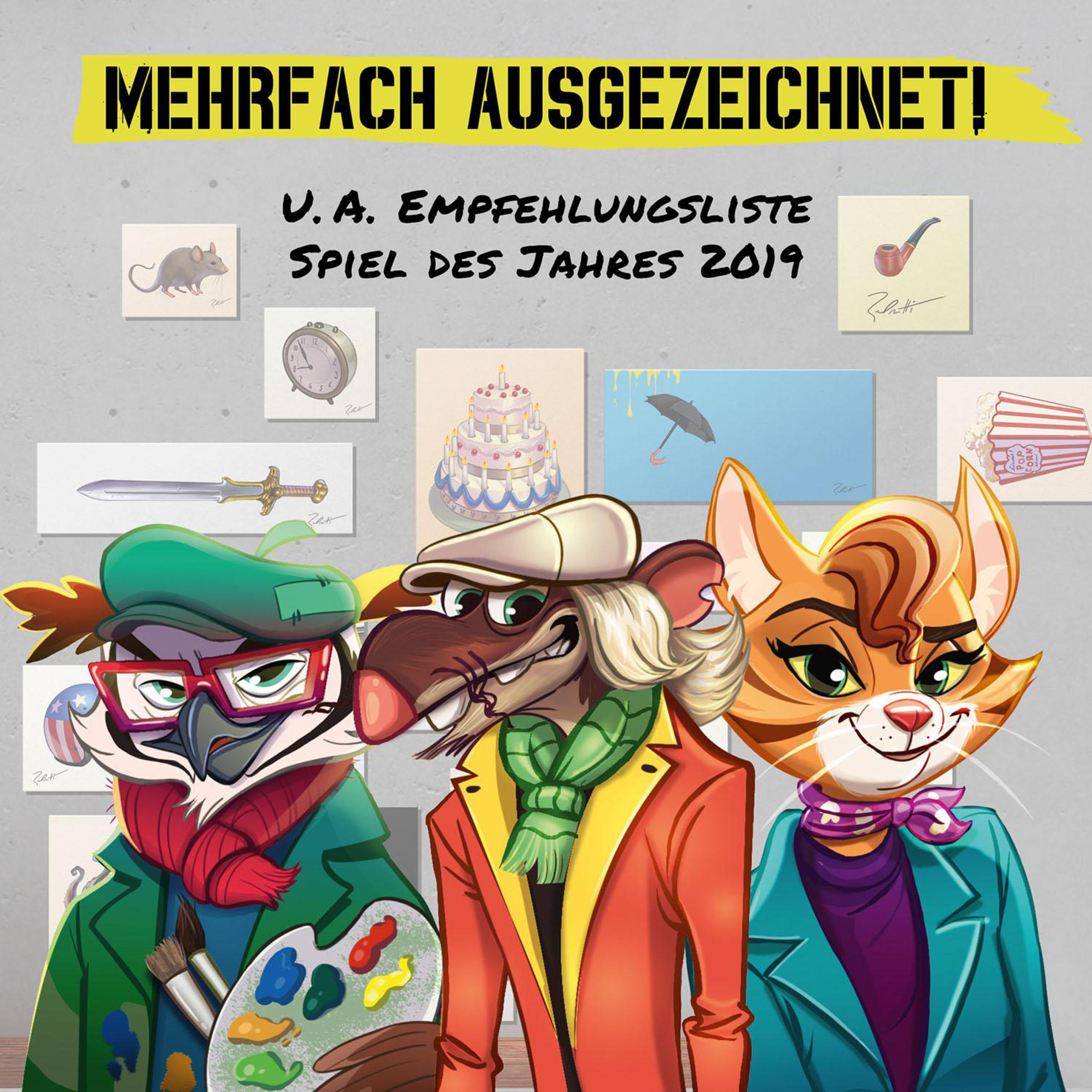 Drei Zeichentrickfiguren: eine Eule, eine Ratte und eine Katze. Hintergrund hat Zeichnungen und Text.