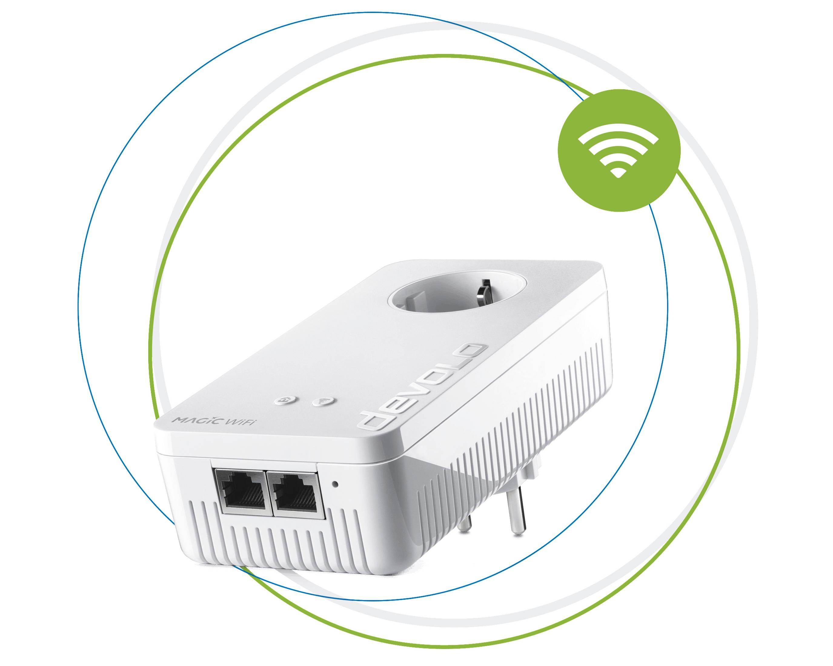 Un dispositivo Devolo Magic WiFi bianco con due porte Ethernet e una presa di corrente.