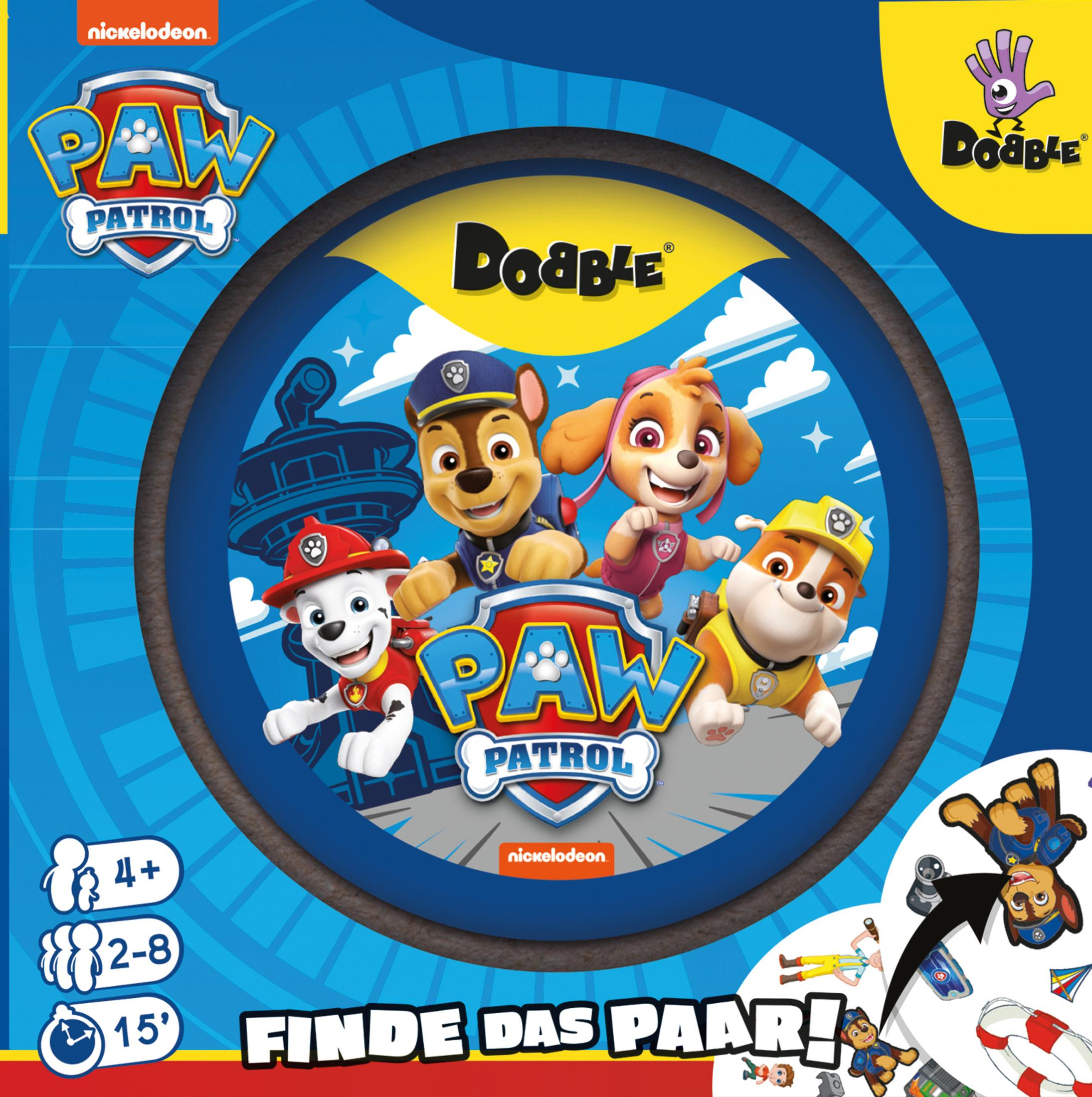 Paw Patrol Dobble-Spielbox. Charaktere aus dem Paw Patrol-Cartoon sind auf der Spielbox zu sehen.
