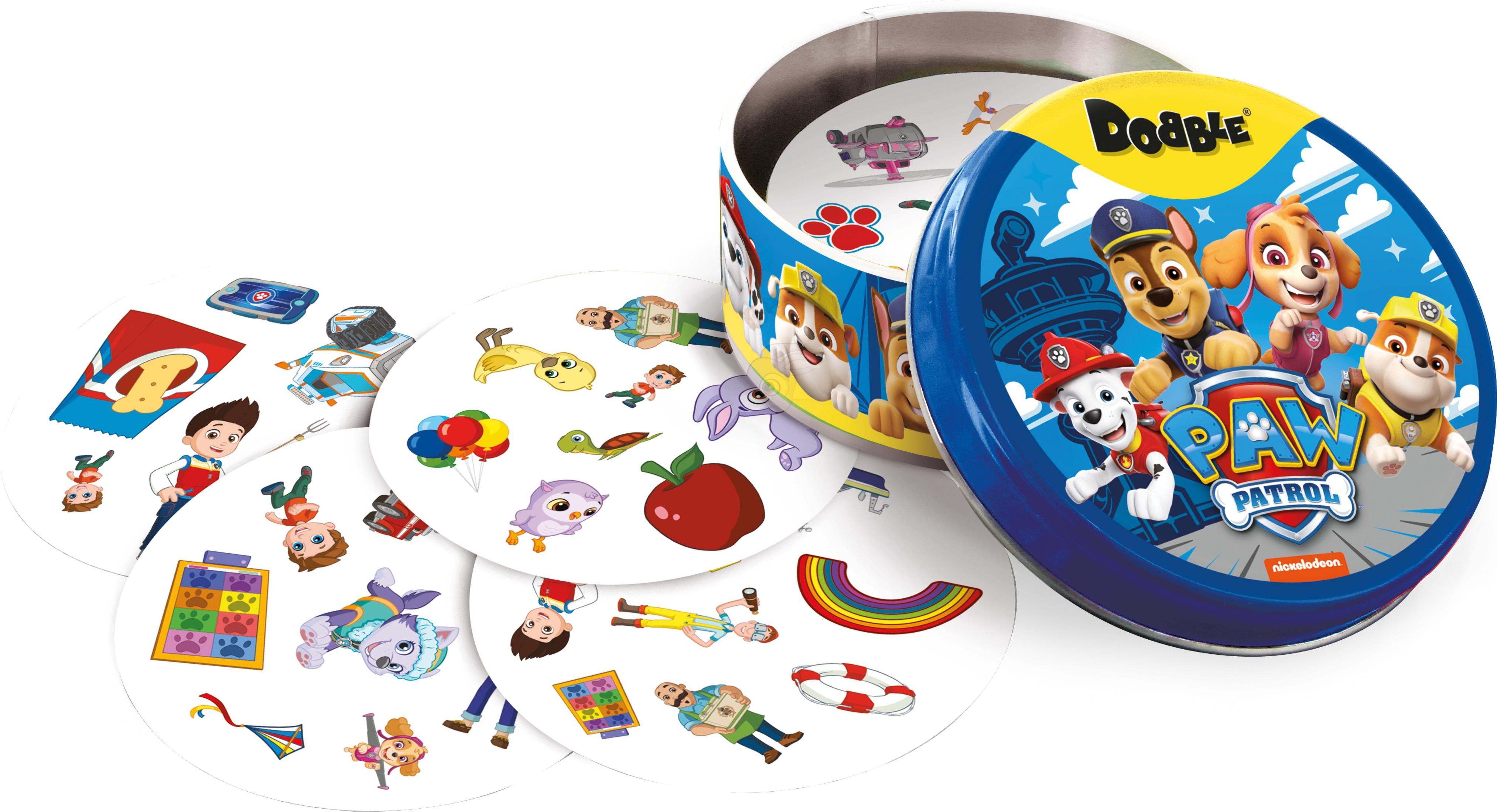 Eine runde Dose des Spiels Dobble. Mehrere Karten mit Paw Patrol-Charakteren sind sichtbar.