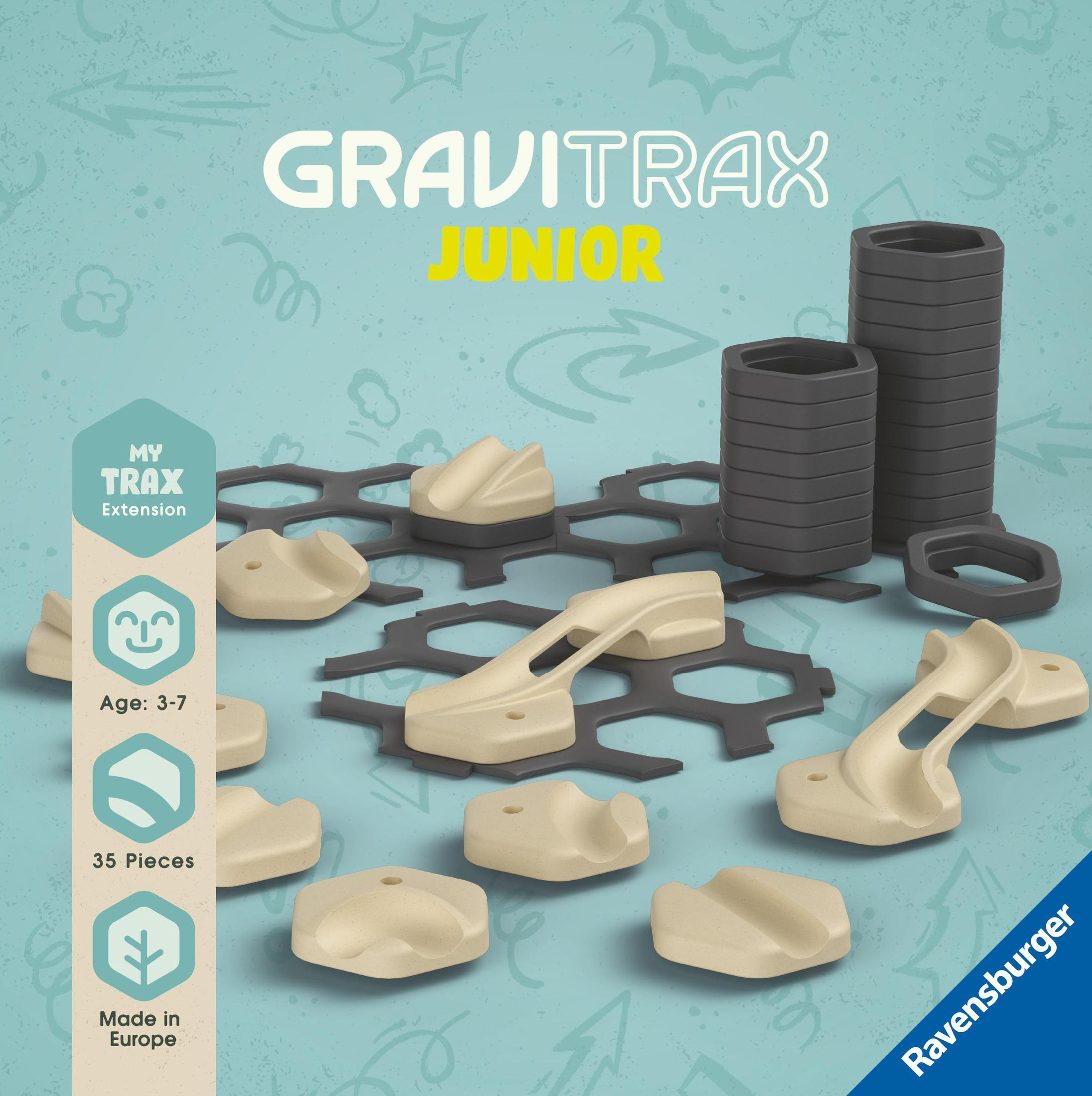 Gravitrax Junior Spielbox mit verschiedenen beige und grauen Teilen.